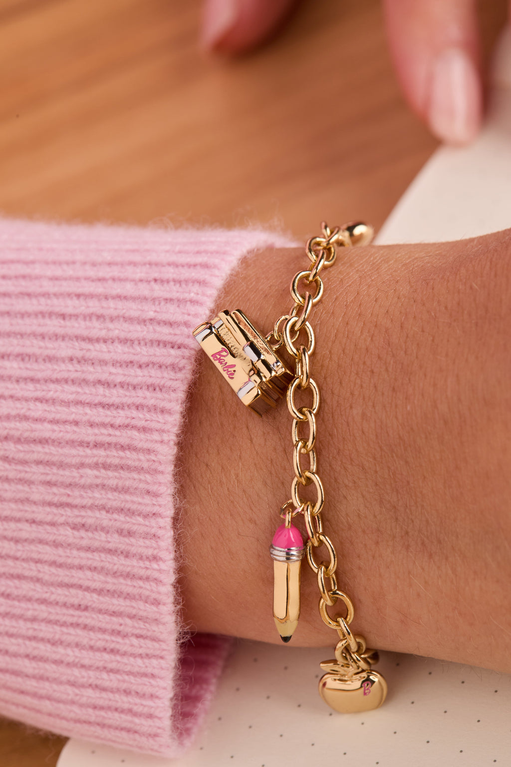 Teacher Bolo Bracelet with Pink Enamel Charms in Gold Finish