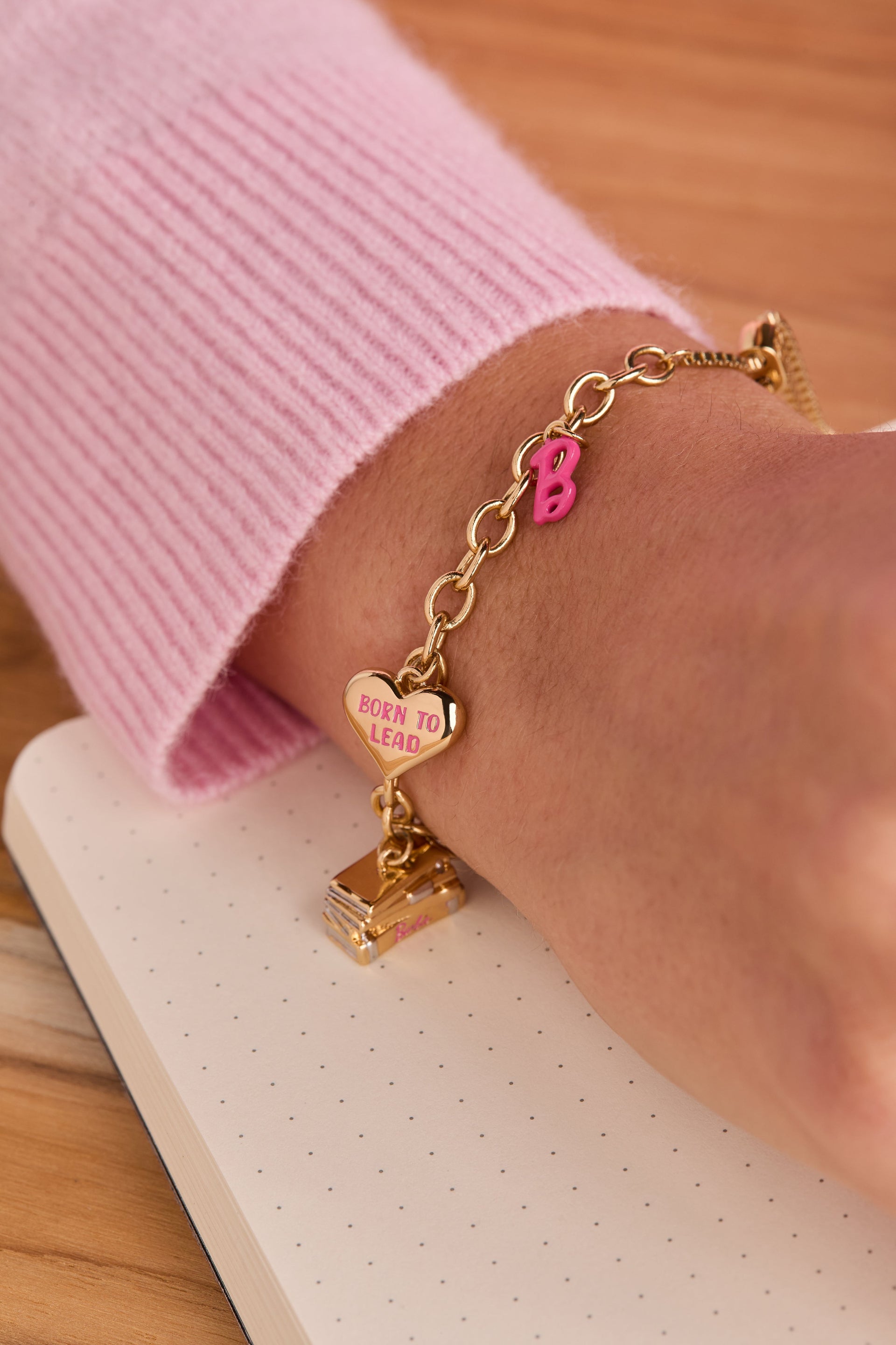 Teacher Bolo Bracelet with Pink Enamel Charms in Gold Finish
