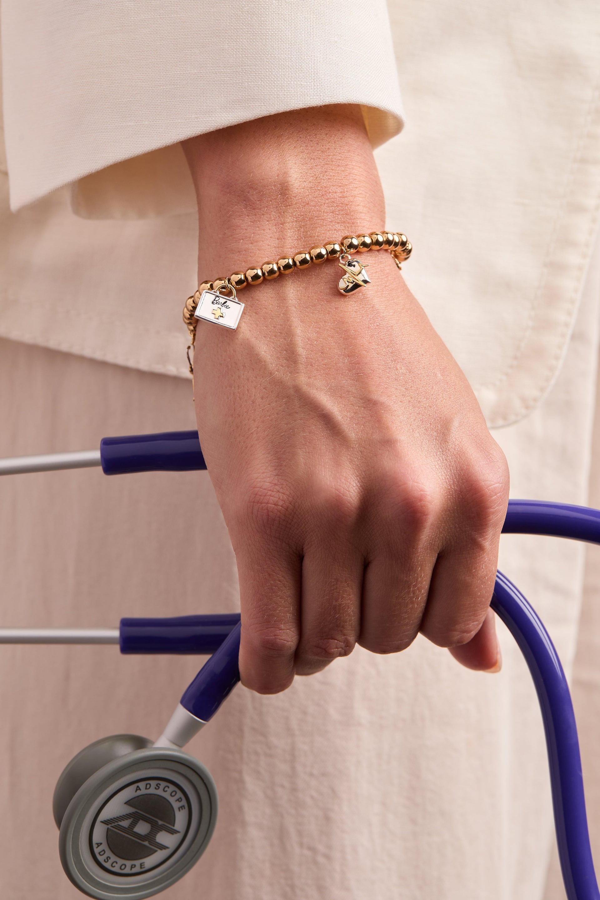 Barbie Medical Stretch Bracelet with Pavé B Logo and Scrub Charm