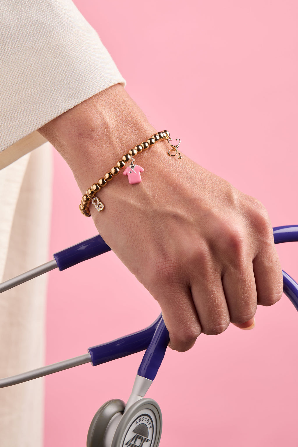Barbie Medical Stretch Bracelet with Pavé B Logo and Scrub Charm