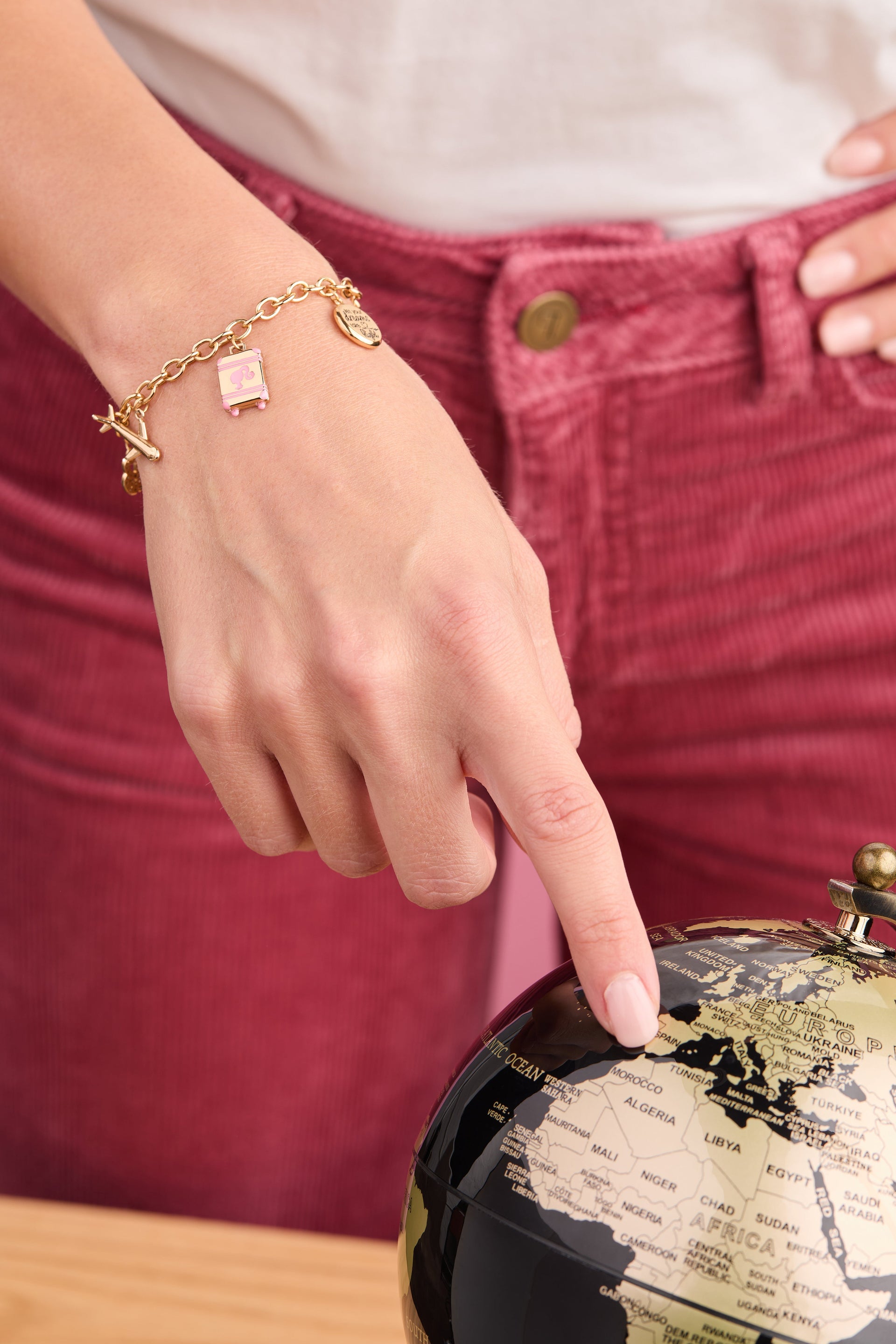 Travel Bolo Bracelet with Plane and Suitcase Charms in Gold