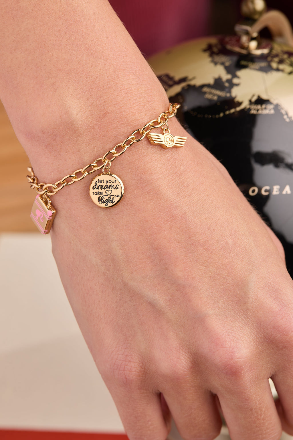 Travel Bolo Bracelet with Plane and Suitcase Charms in Gold