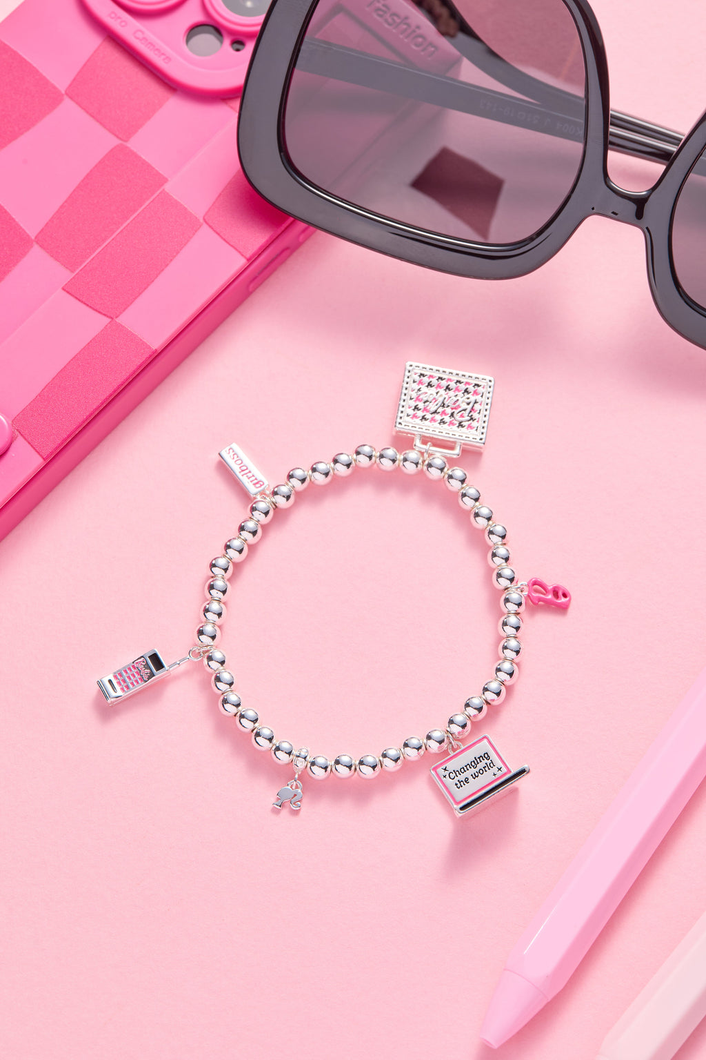 Barbie Girlboss Stretch Bracelet with Pink Enamel Logo Charms