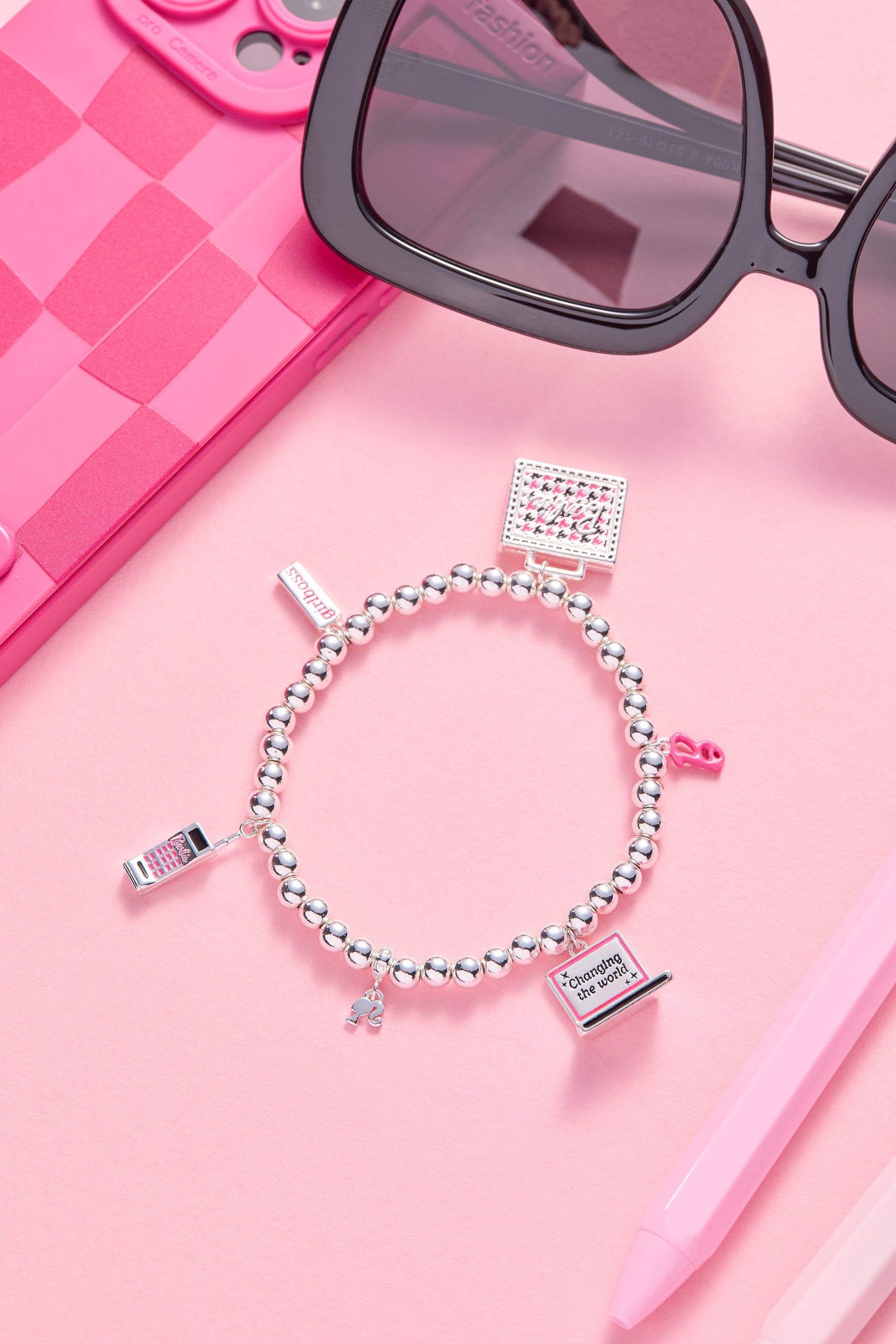 Barbie Girlboss Stretch Bracelet with Pink Enamel Logo Charms