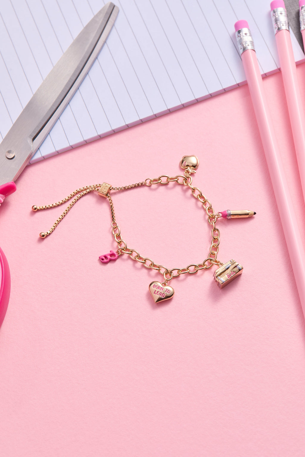 Teacher Bolo Bracelet with Pink Enamel Charms in Gold Finish