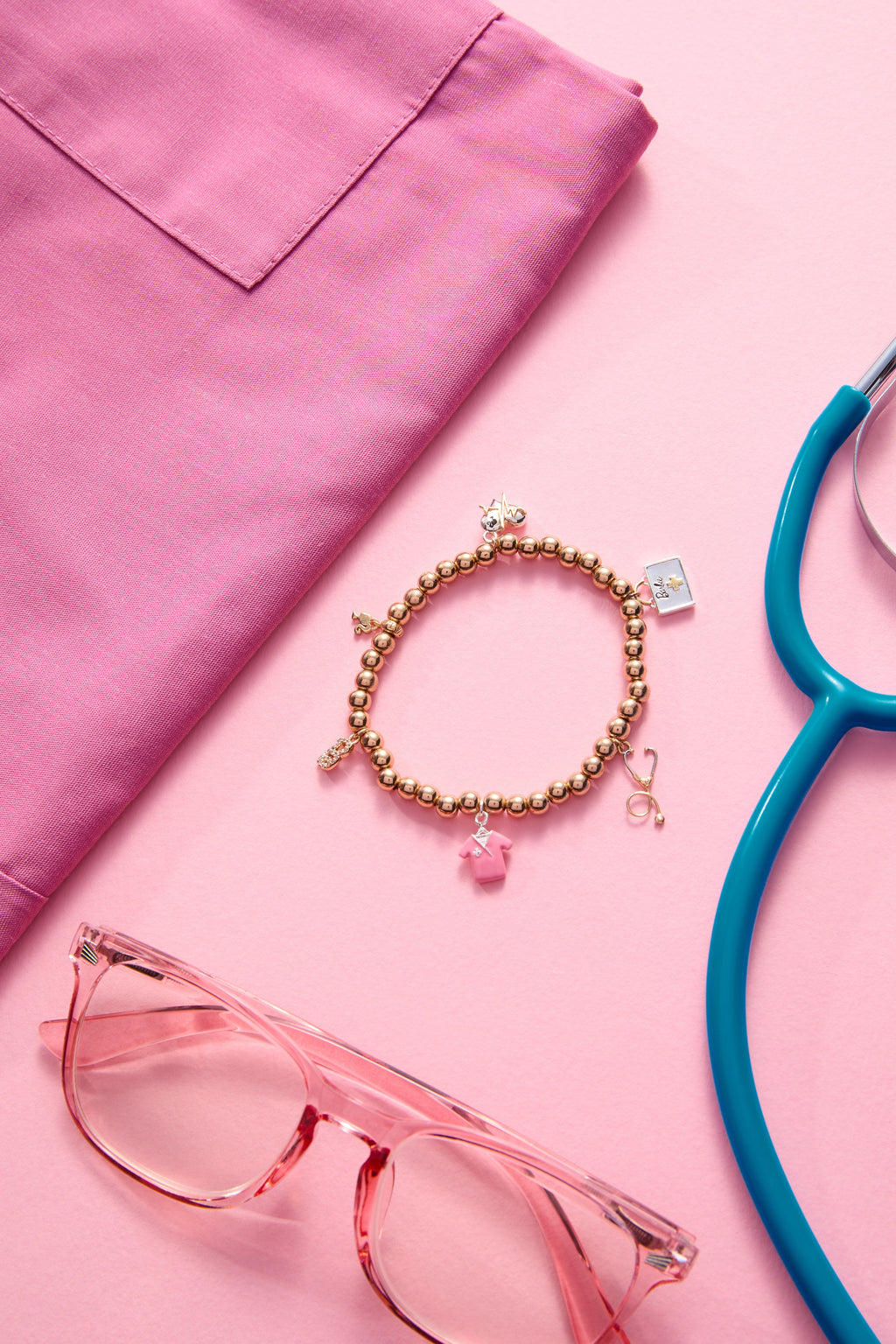 Barbie Medical Stretch Bracelet with Pavé B Logo and Scrub Charm