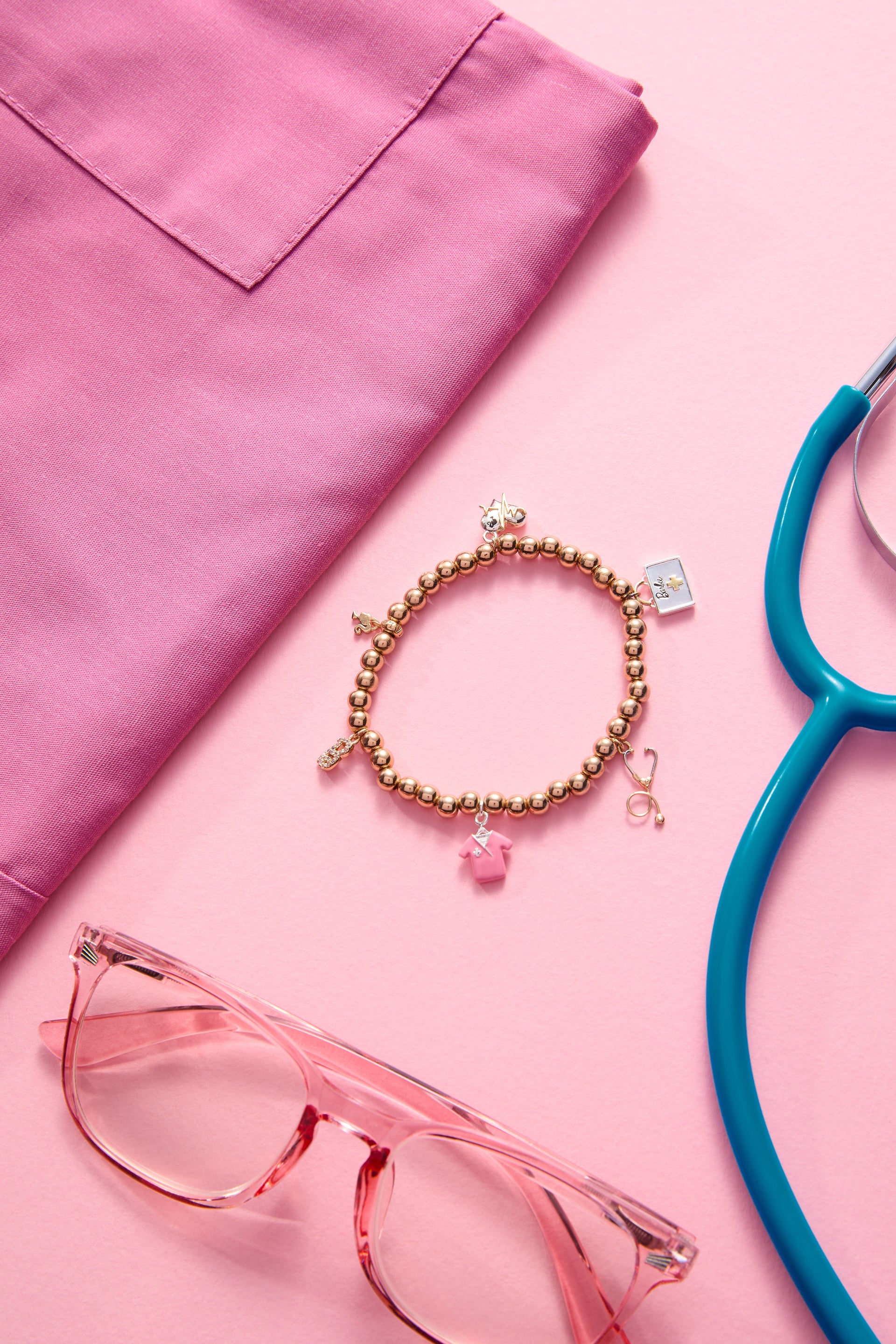 Barbie Medical Stretch Bracelet with Pavé B Logo and Scrub Charm