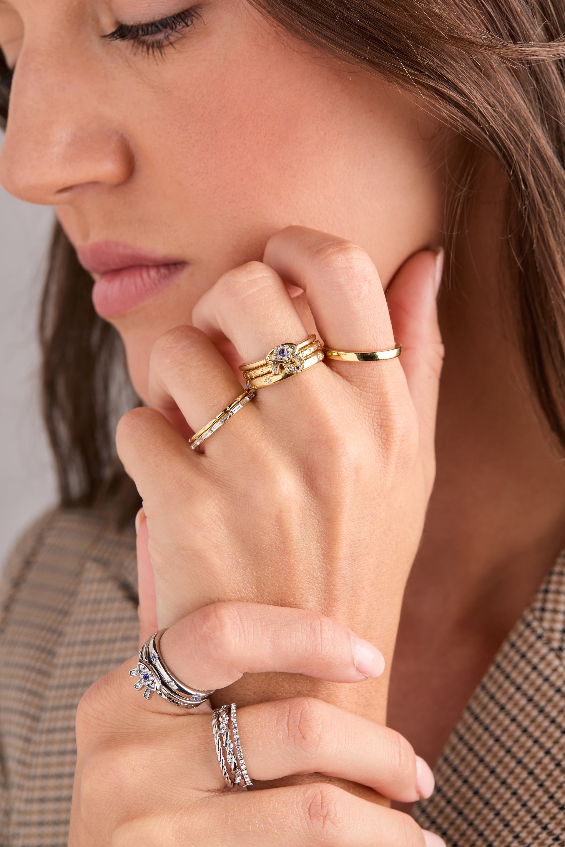 Evil Eye Stacking Ring Set of 3 in Gold with Blue and Clear Stones