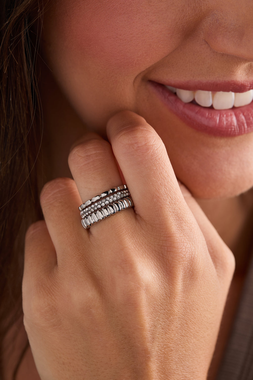 Ribbed Stacking Ring Set of 3 with Crystal Pave in Mixed Metals