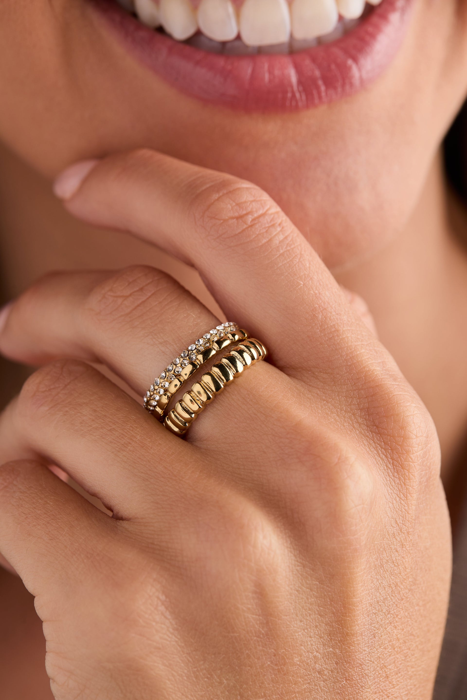 Ribbed Stacking Ring Set of 3 with Crystal Pave in Mixed Metals