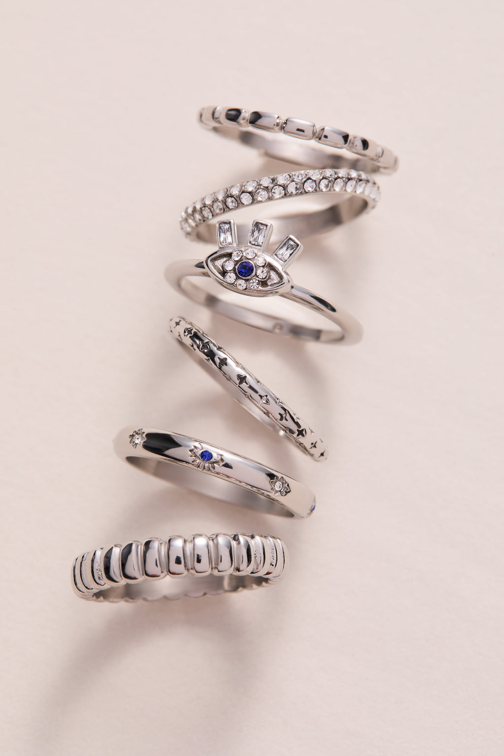 Evil Eye Stacking Ring Set of 3 in Gold with Blue and Clear Stones