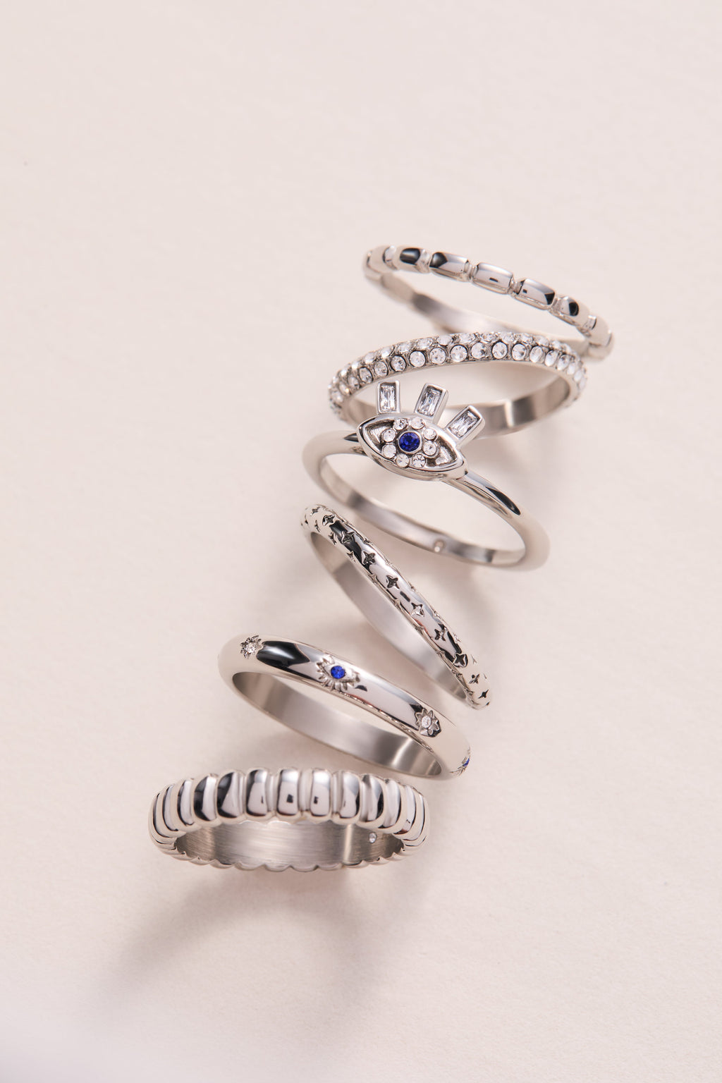 Ribbed Stacking Ring Set of 3 with Crystal Pave in Mixed Metals