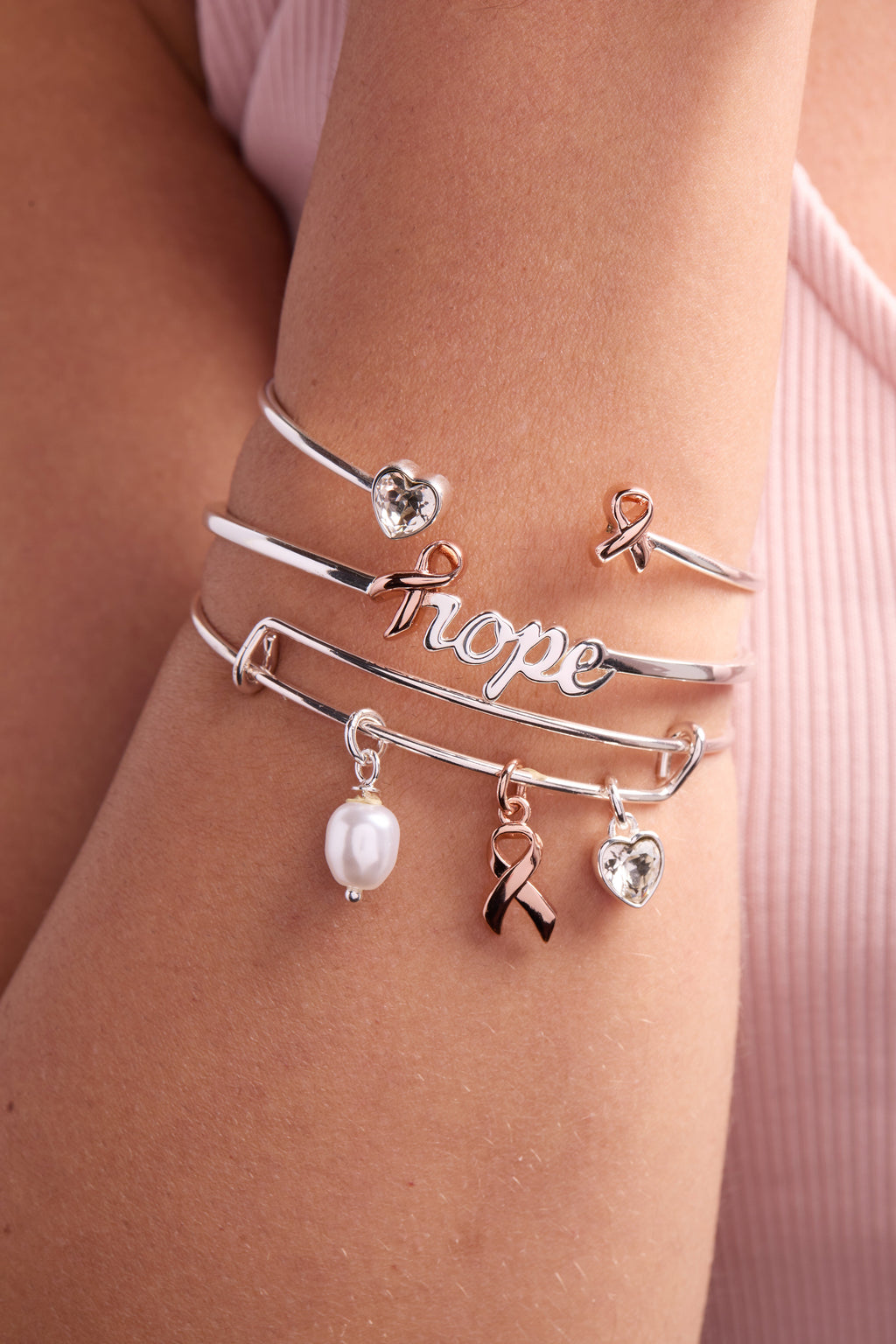Breast Cancer Awareness Silver Tone Trio Charm Bangle
