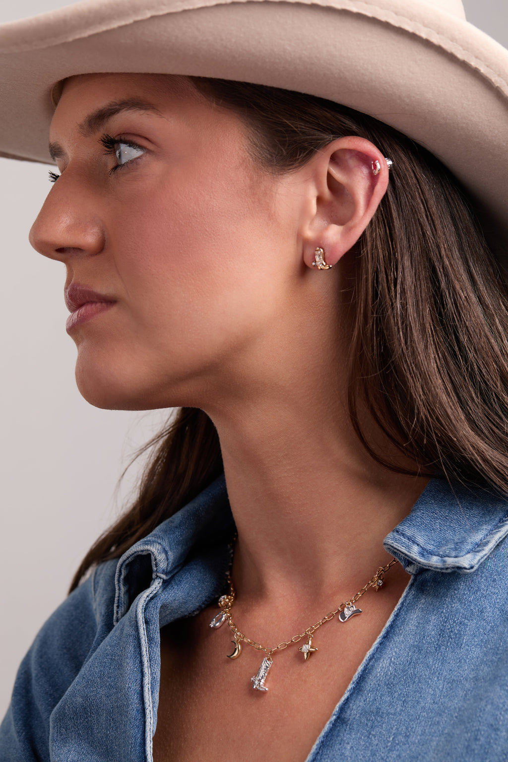 Cosmic Cowgirl Earring Stud Set: Mixed Metal Western Horseshoe Boot