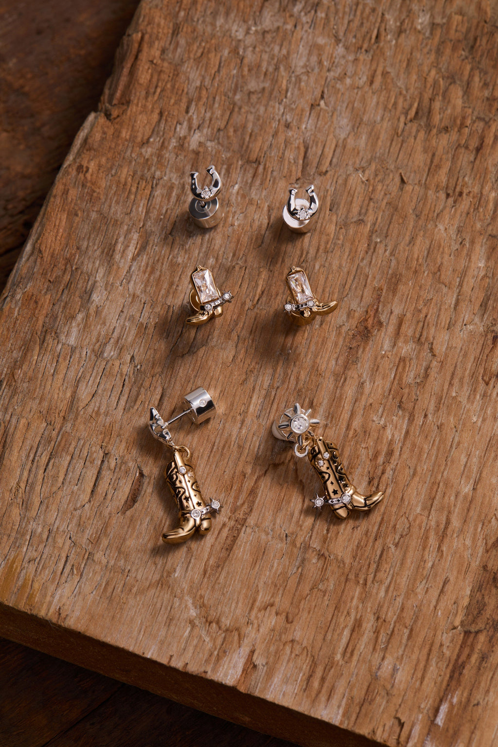 Cosmic Cowgirl Earring Stud Set: Mixed Metal Western Horseshoe Boot