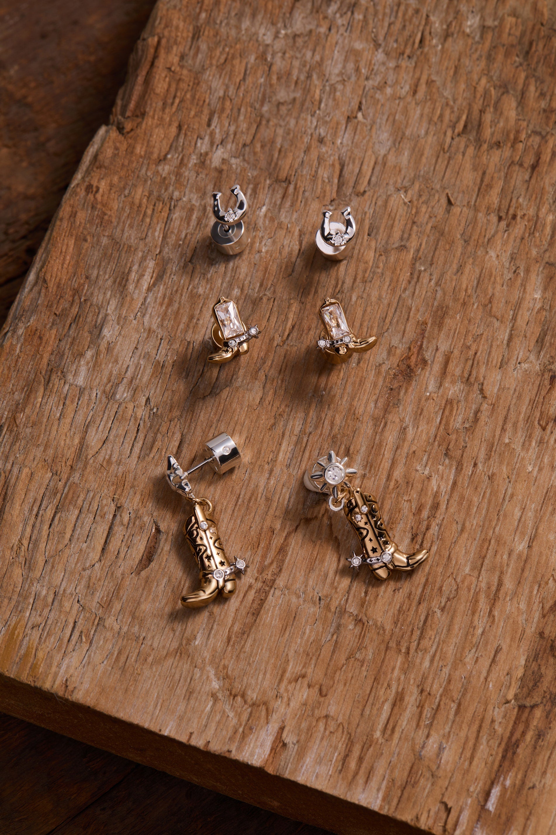 Cosmic Cowgirl Earring Stud Set: Mixed Metal Western Horseshoe Boot