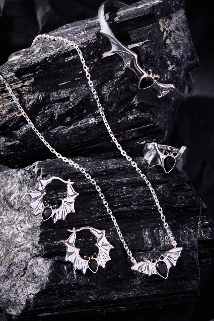 Crystal Bat Hoop Earrings in Gold and Silver Gothic Statement Jewelry