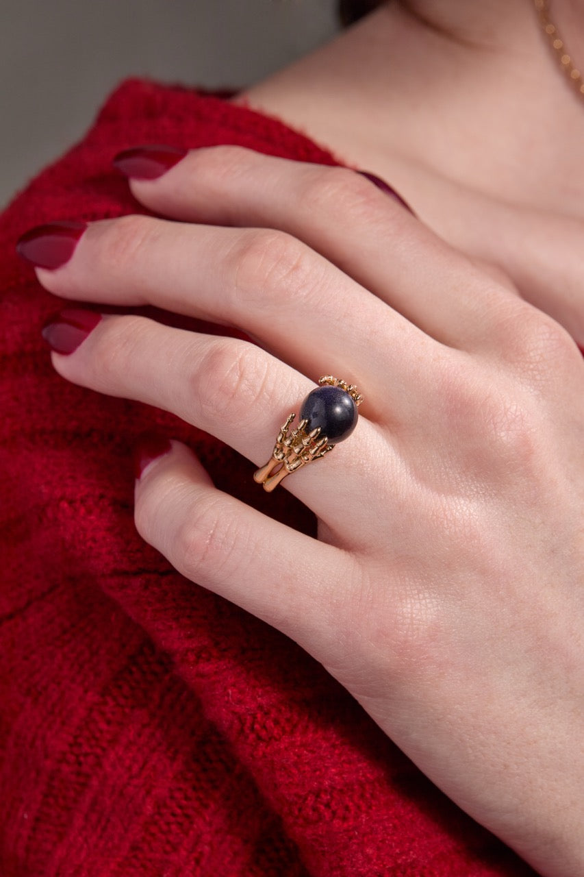 Crystal Ball Statement Ring with Skeleton Hands in Polished Silver