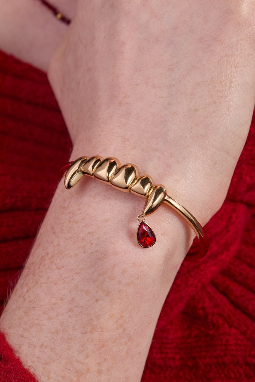 Vampire Teeth Fangs Cuff Bracelet in Silver and Red Gothic Style