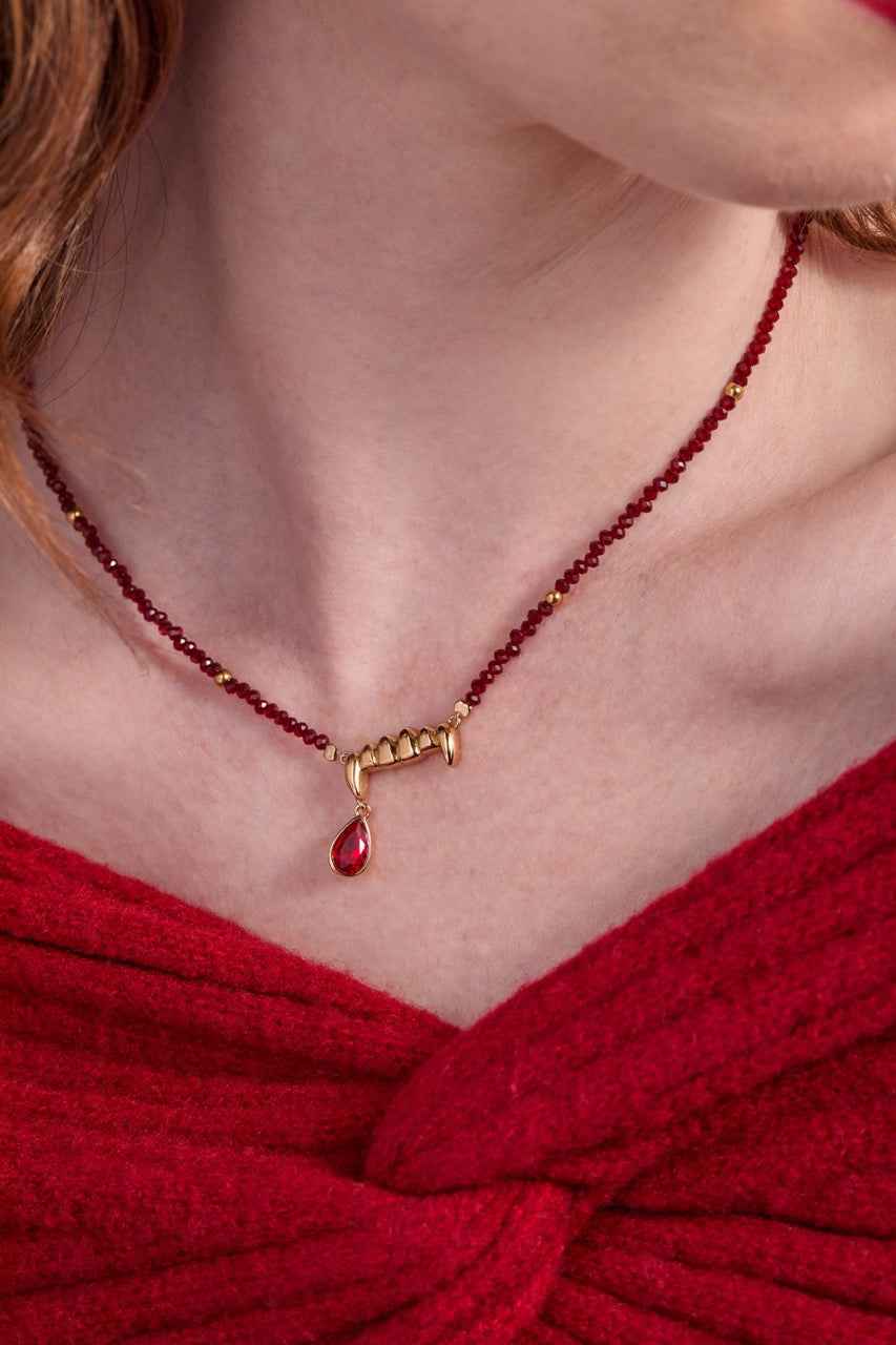 Vampire Teeth Fangs Pendant with Siam Crystal and Gold Plated Brass