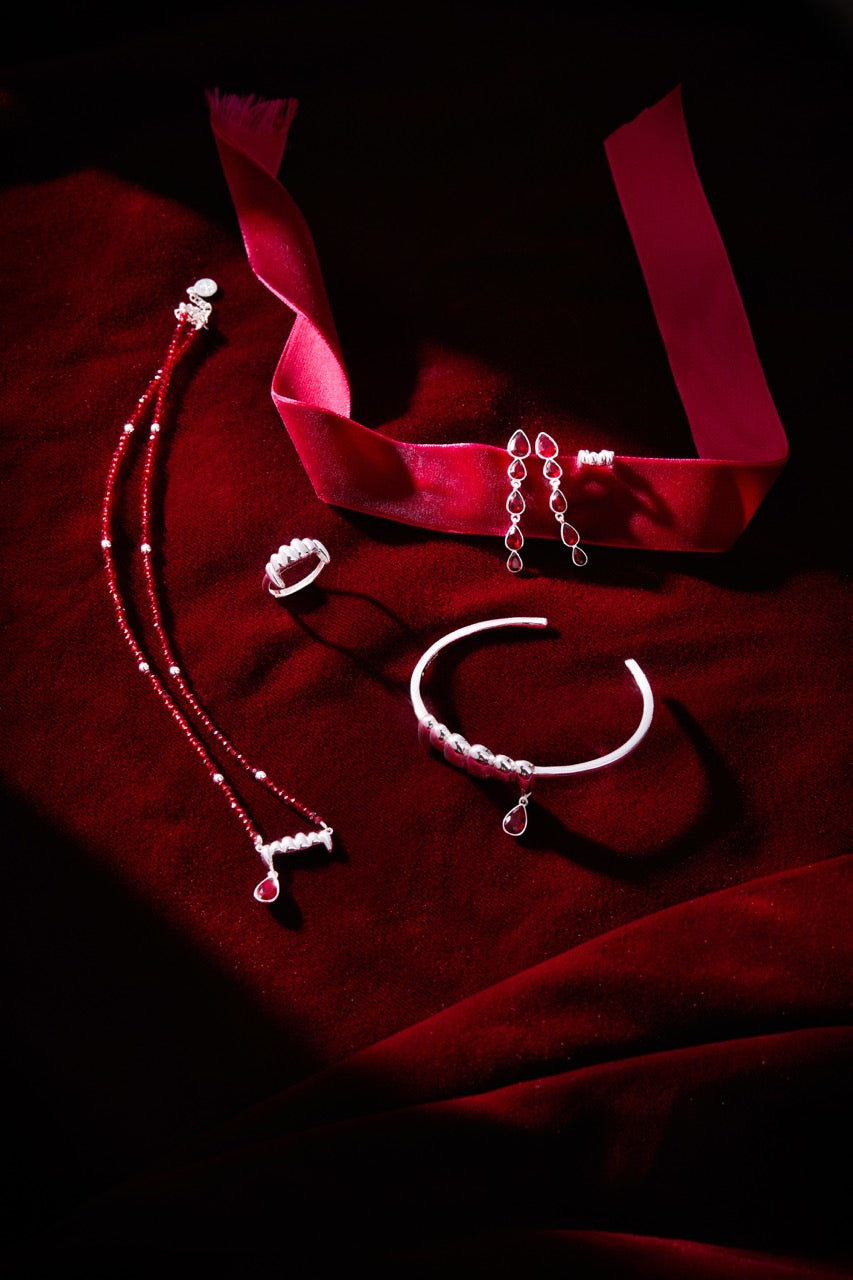 Vampire Teeth Fangs Cuff Bracelet in Silver and Red Gothic Style