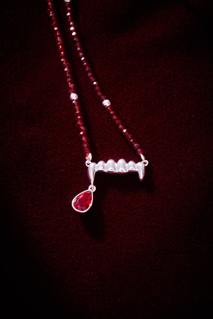 Vampire Teeth Fangs Pendant with Siam Crystal and Gold Plated Brass