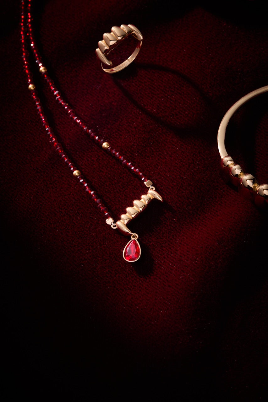 Vampire Teeth Fangs Pendant with Siam Crystal and Gold Plated Brass