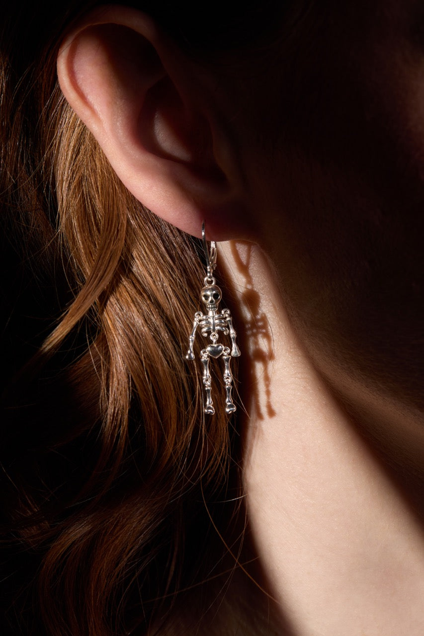 Modern Skeleton Drop Earrings in Polished Silver - 2 Inch Dangle