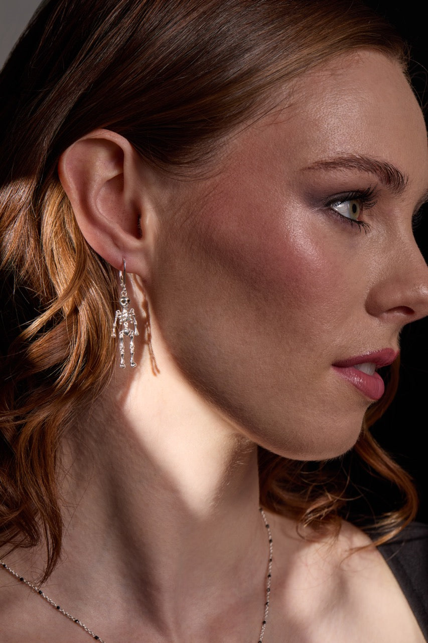 Modern Skeleton Drop Earrings in Polished Silver - 2 Inch Dangle