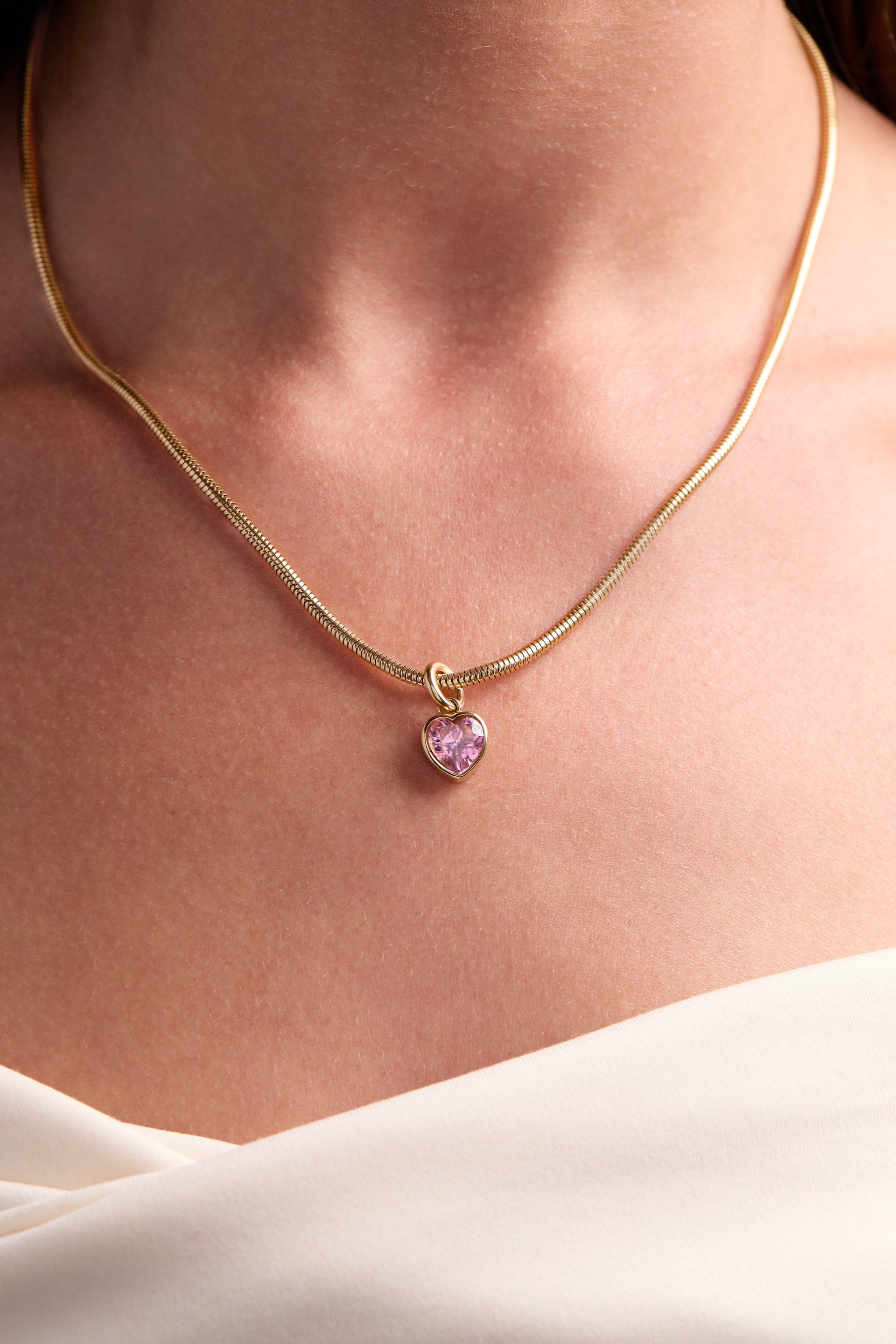 October Serenity Heart Birthstone Charm - Pink Crystal Gold Tone