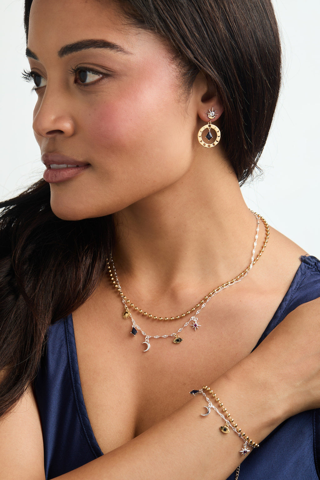 Celestial Moon Phase Statement Earrings with Blue Sunstone