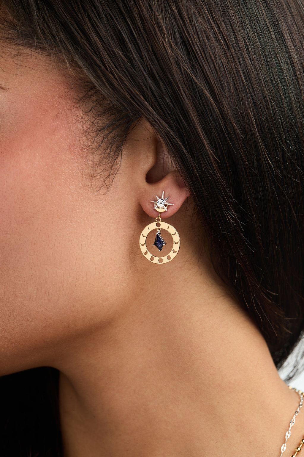 Celestial Moon Phase Statement Earrings with Blue Sunstone