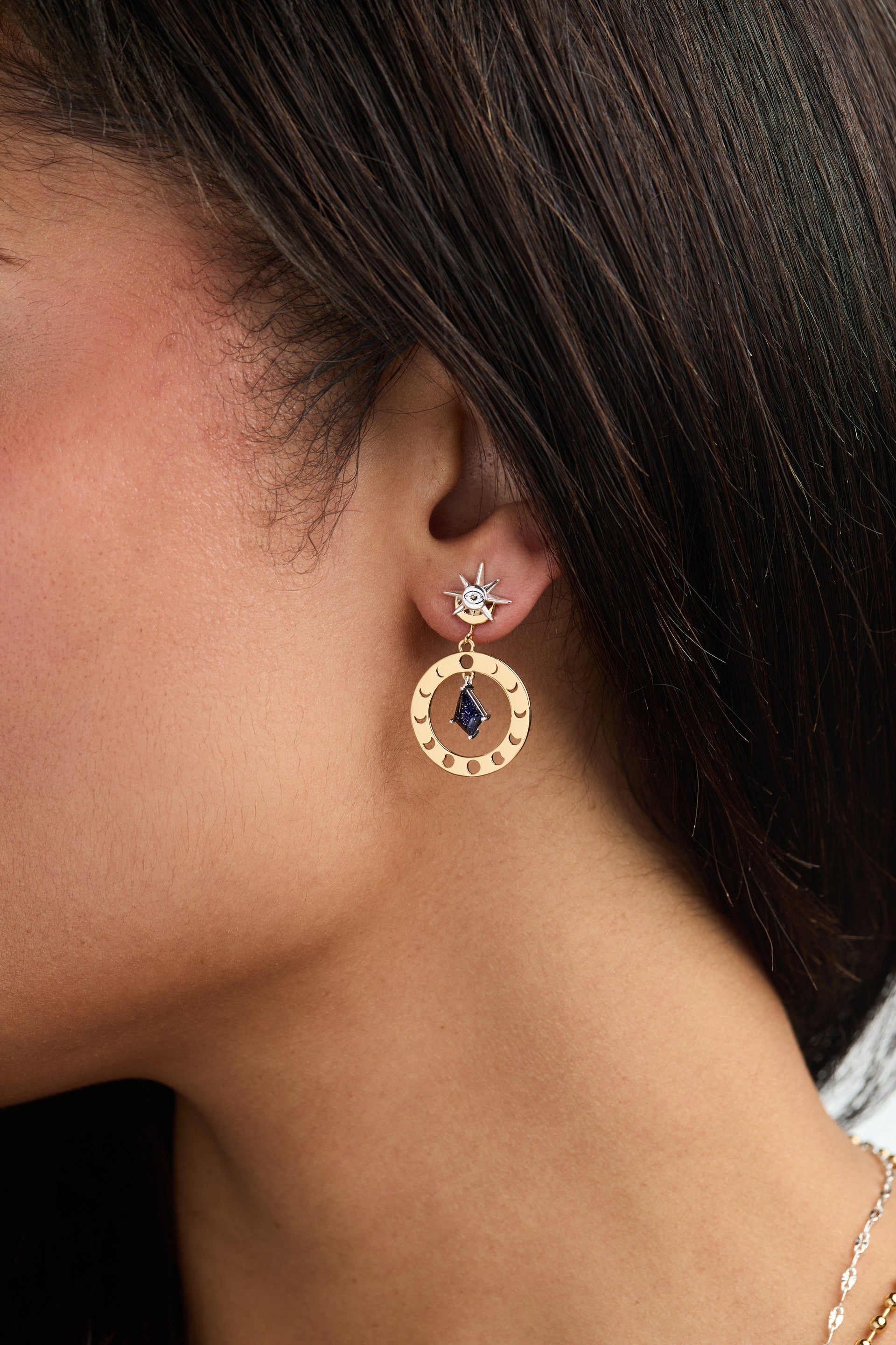 Celestial Moon Phase Statement Earrings with Blue Sunstone