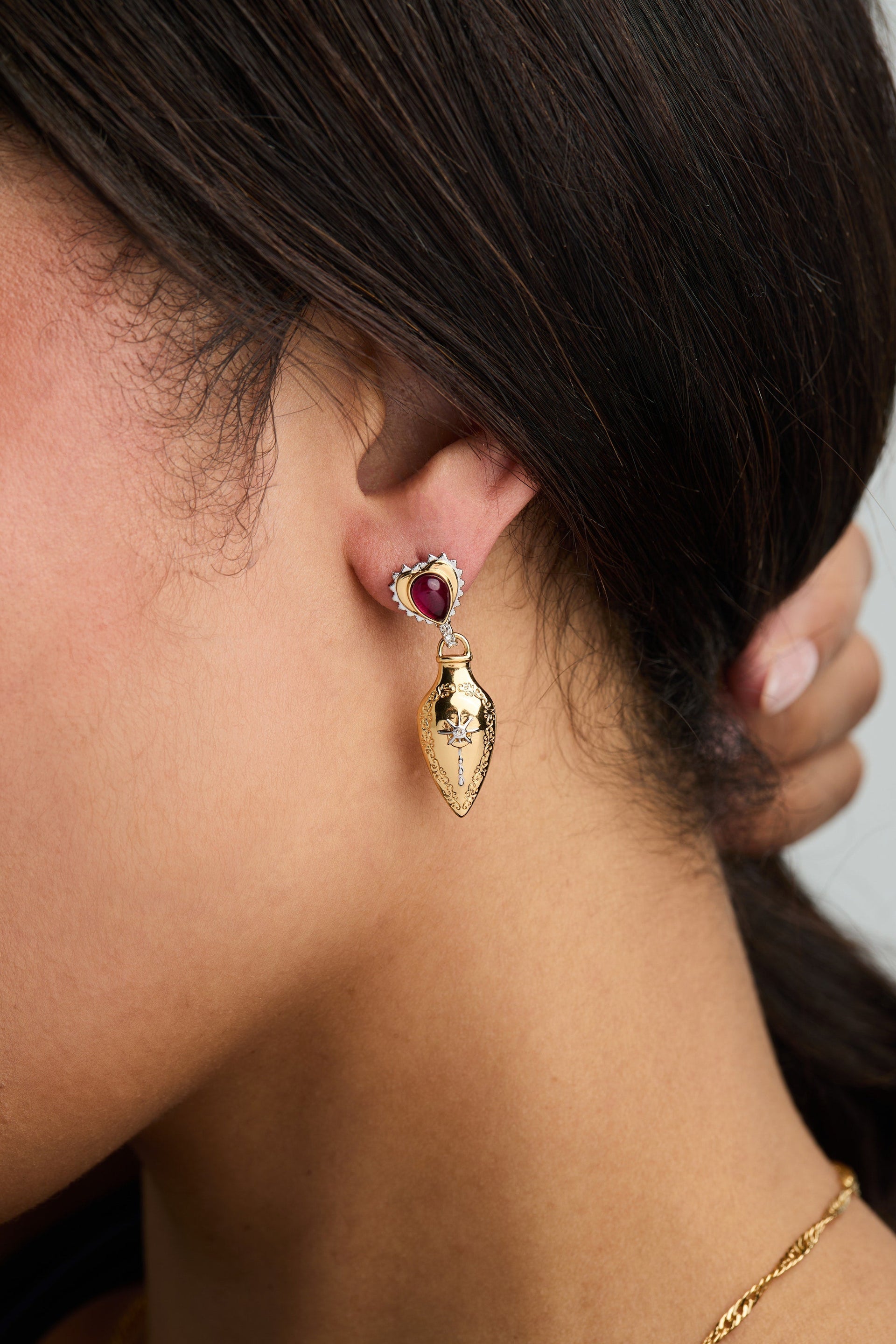 Moon Magic Potion Bottle Drop Earrings in Gold & Deep-Red