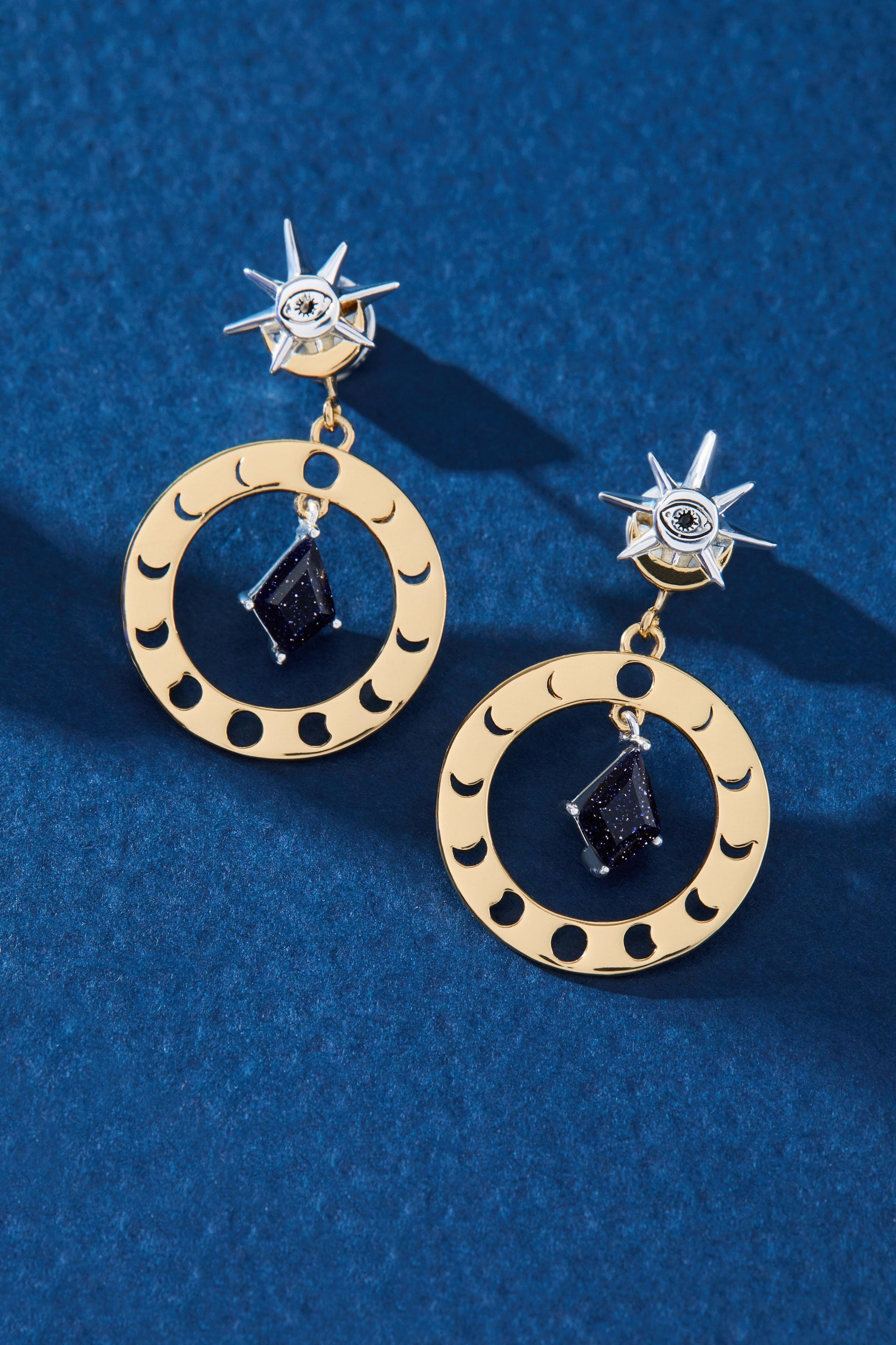 Celestial Moon Phase Statement Earrings with Blue Sunstone