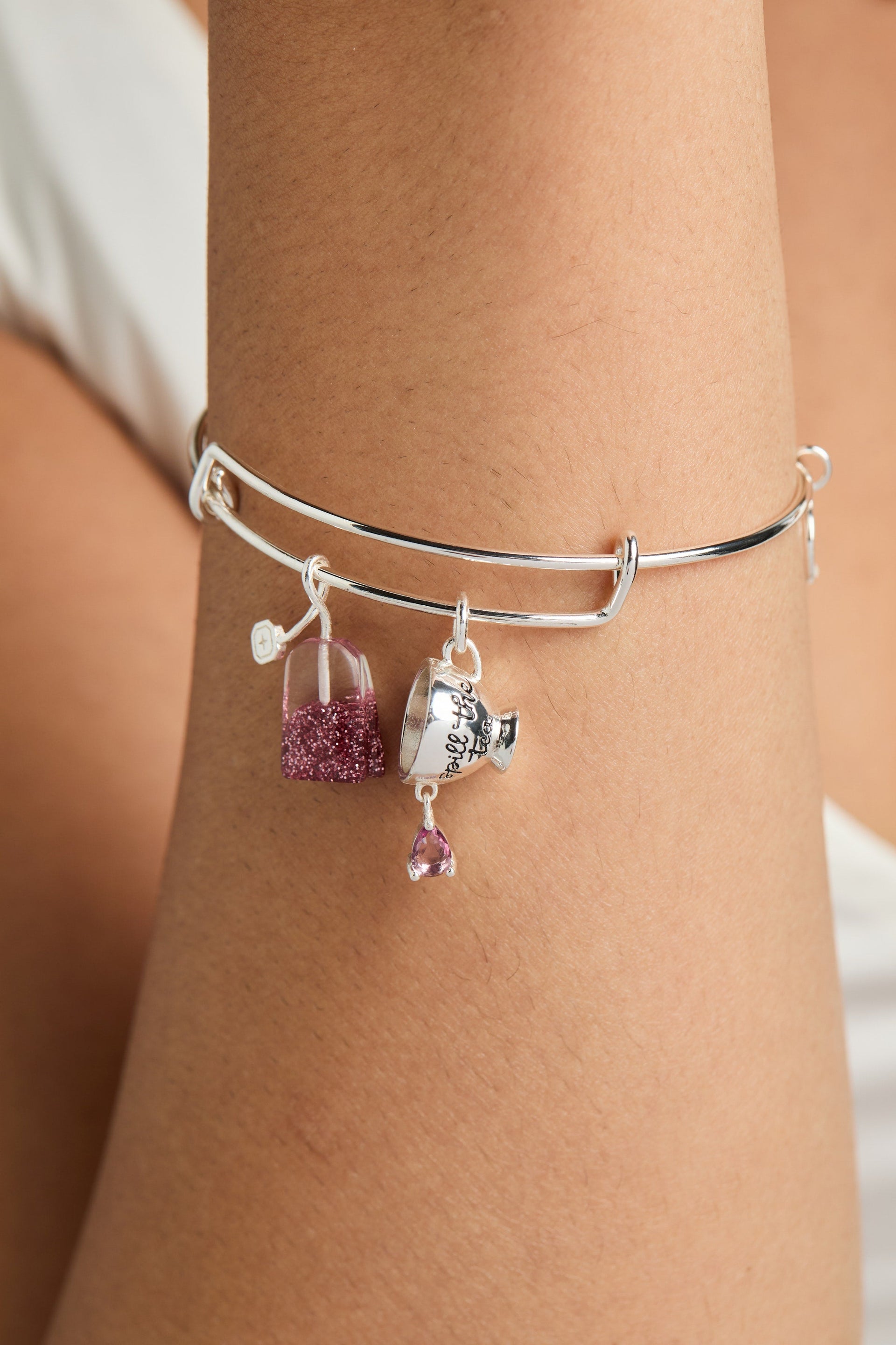 Spill the Tea Charm Bangle with Glitter Tea Bag and Cup
