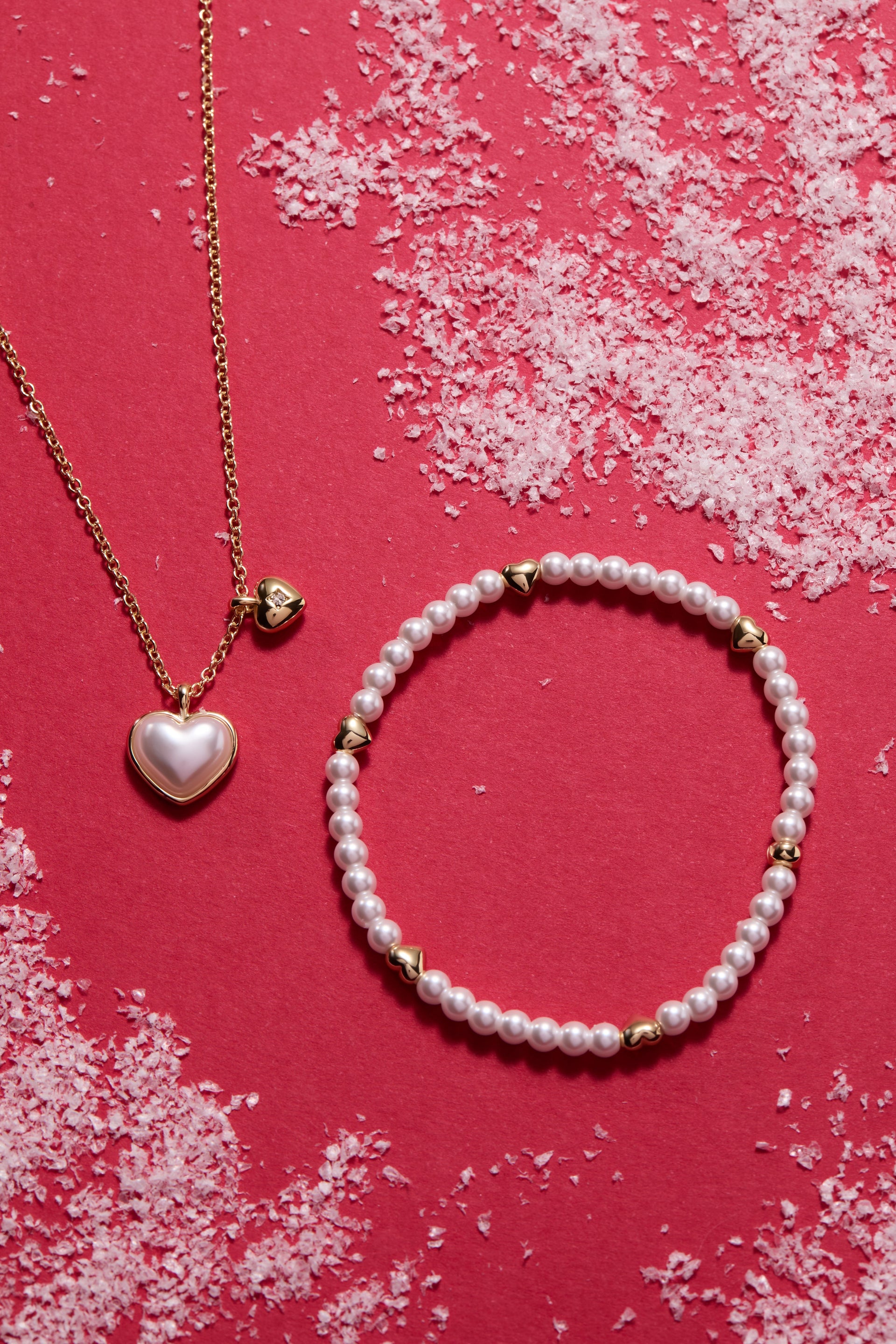 Pearl Heart Duo Charm Necklace with Gold-Plated Crystal Accents