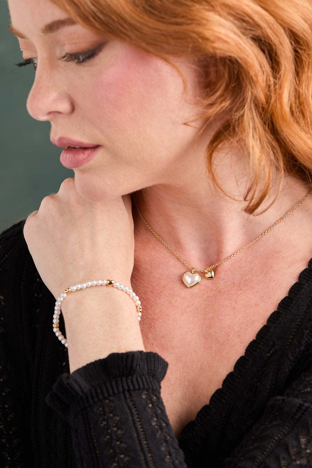 Pearl Heart Duo Charm Necklace with Gold-Plated Crystal Accents