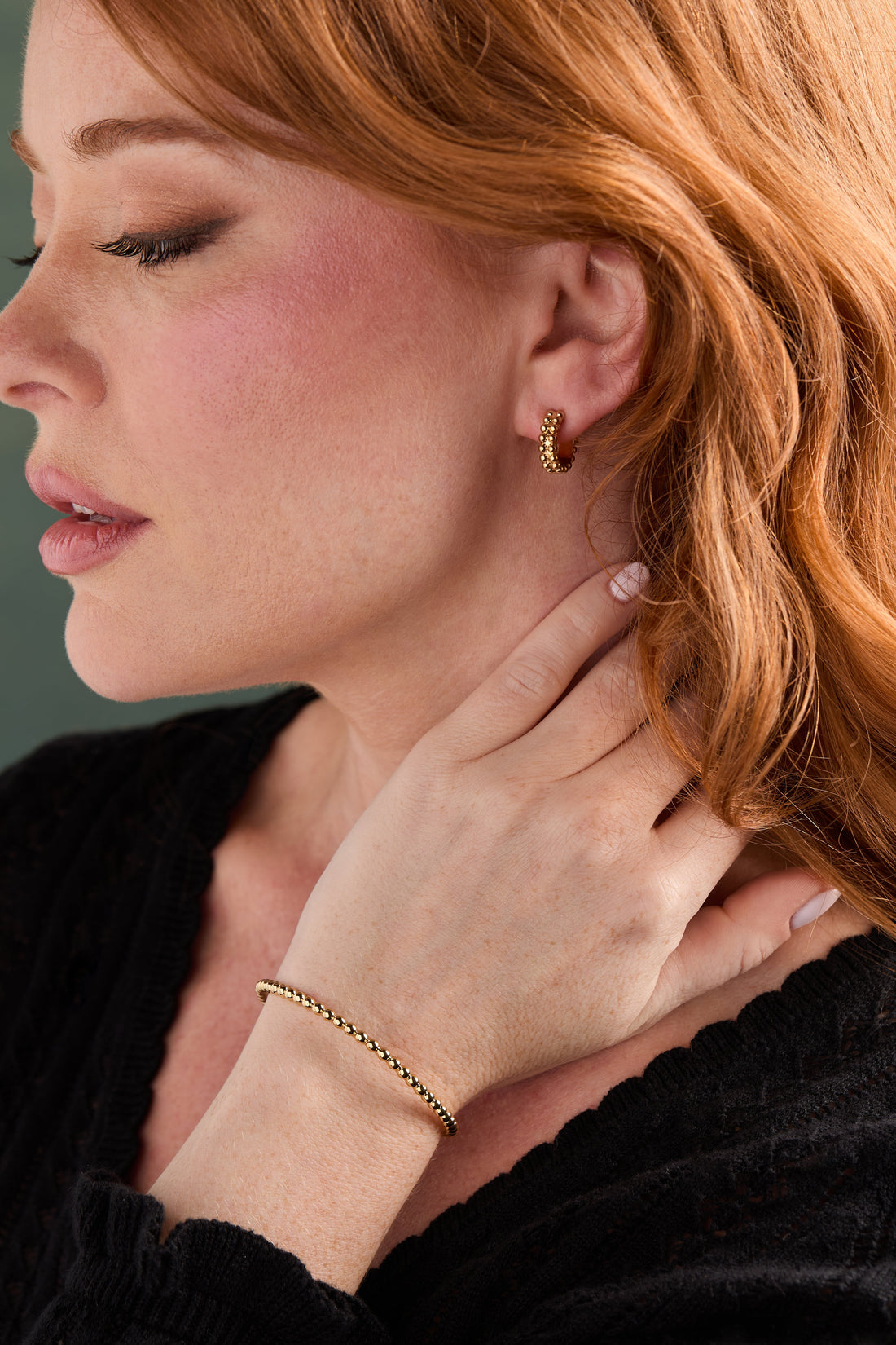 Gold Beaded Huggie Hoop Earrings with Textured Ball Design