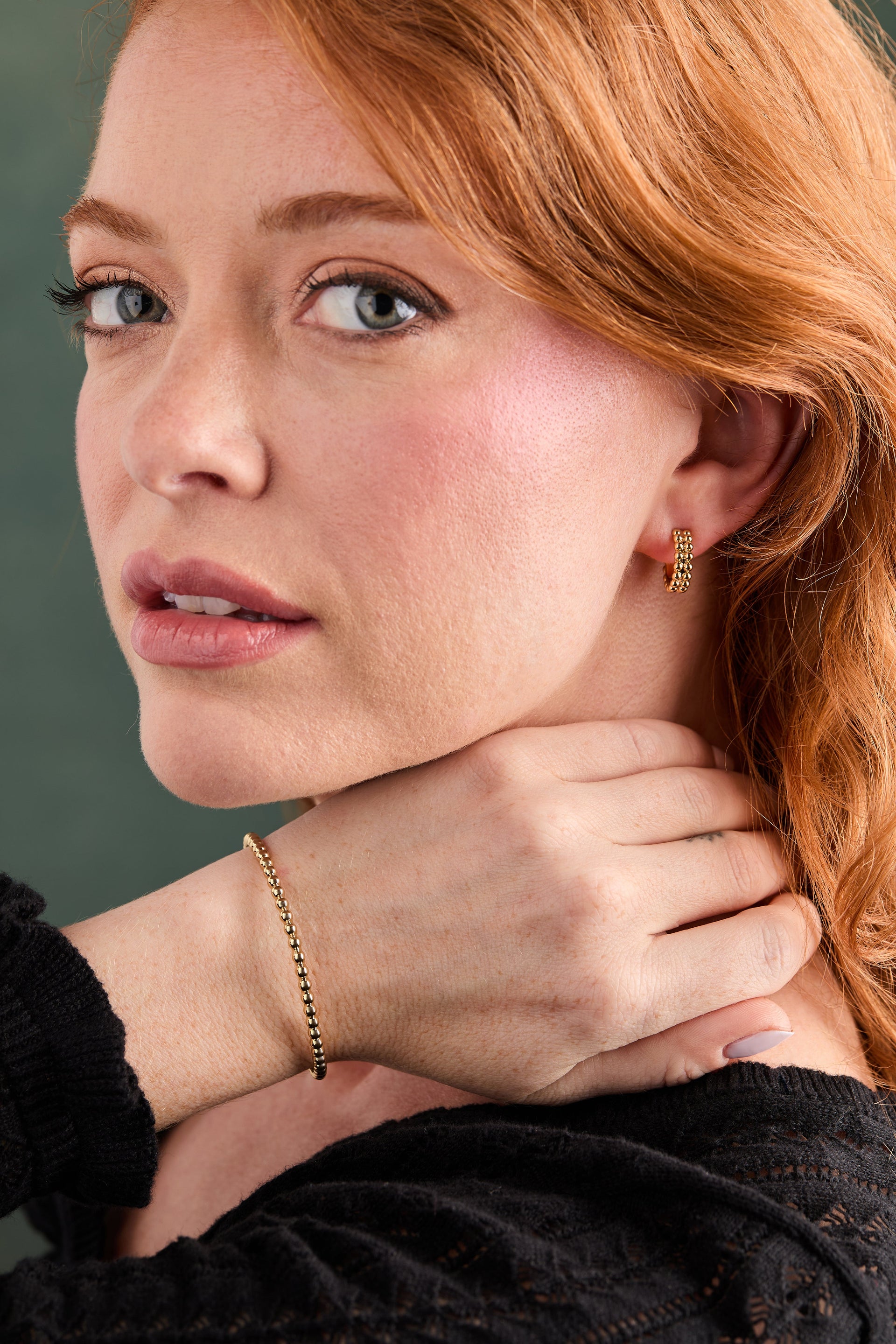 Gold Beaded Huggie Hoop Earrings with Textured Ball Design