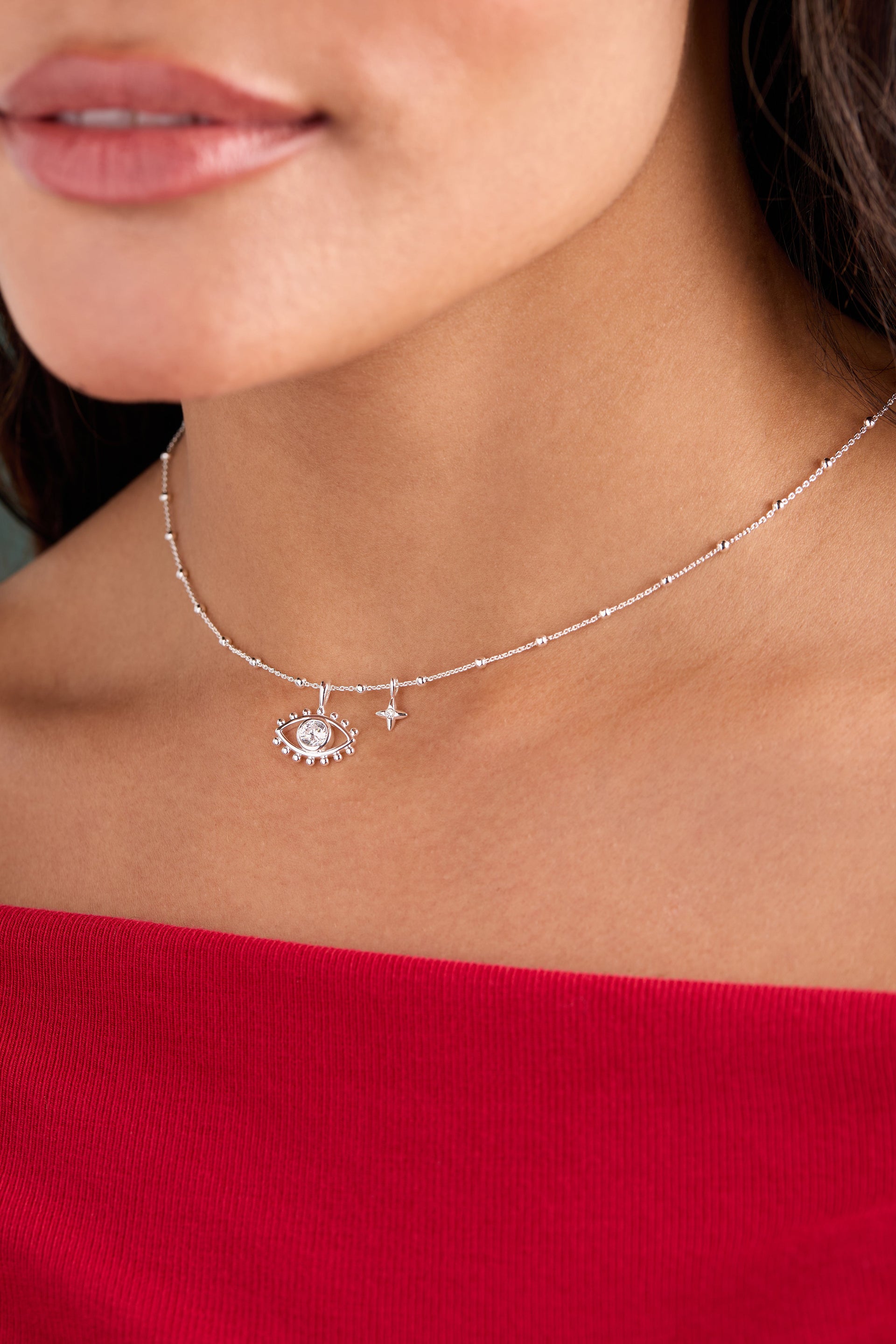 Minimalist Evil Eye Duo Charm Necklace in Silver and White