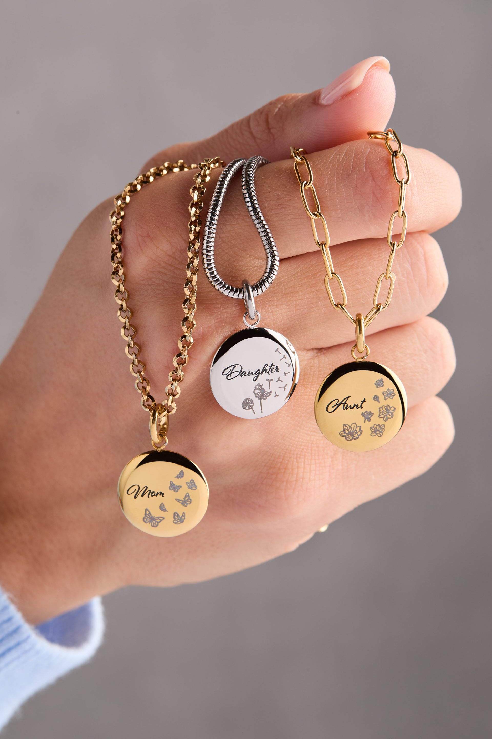 Mom Butterfly Disc Charm Necklace with Engraved Sentiment