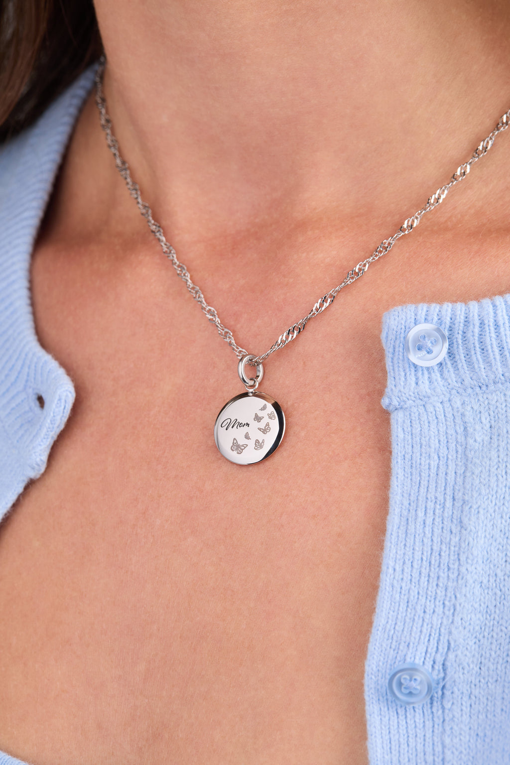 Mom Butterfly Disc Charm Necklace with Engraved Sentiment