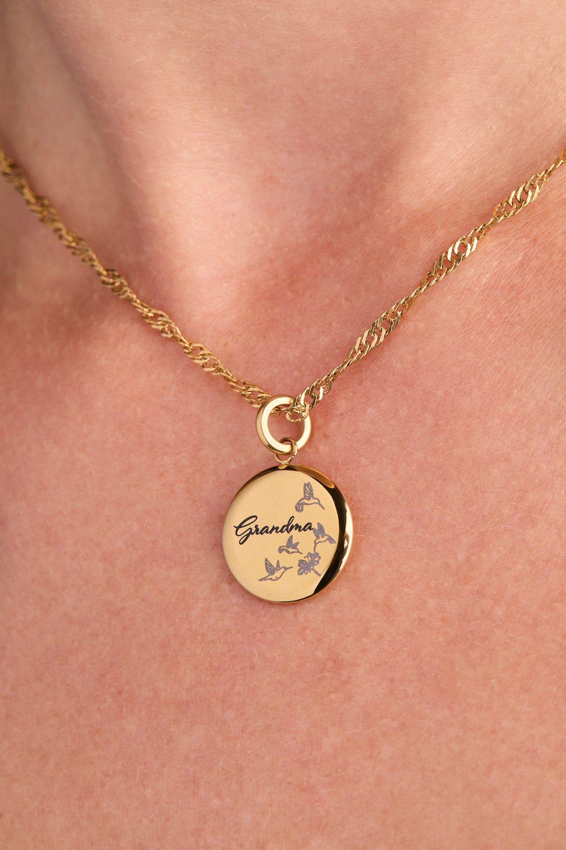 Grandma Hummingbird Disc Charm in Polished Gold with Crystal