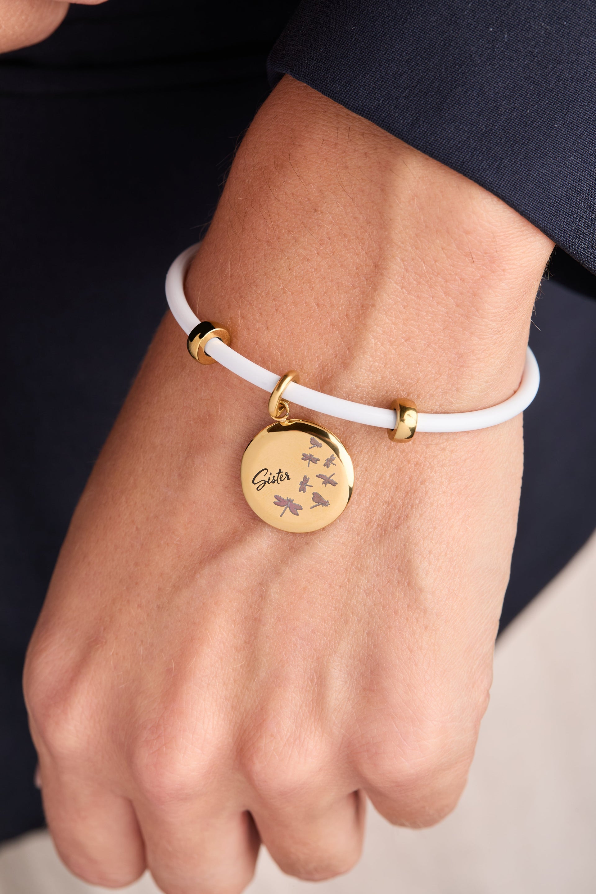 Sister Dragonfly Disc Charm Necklace with Inspiring Message