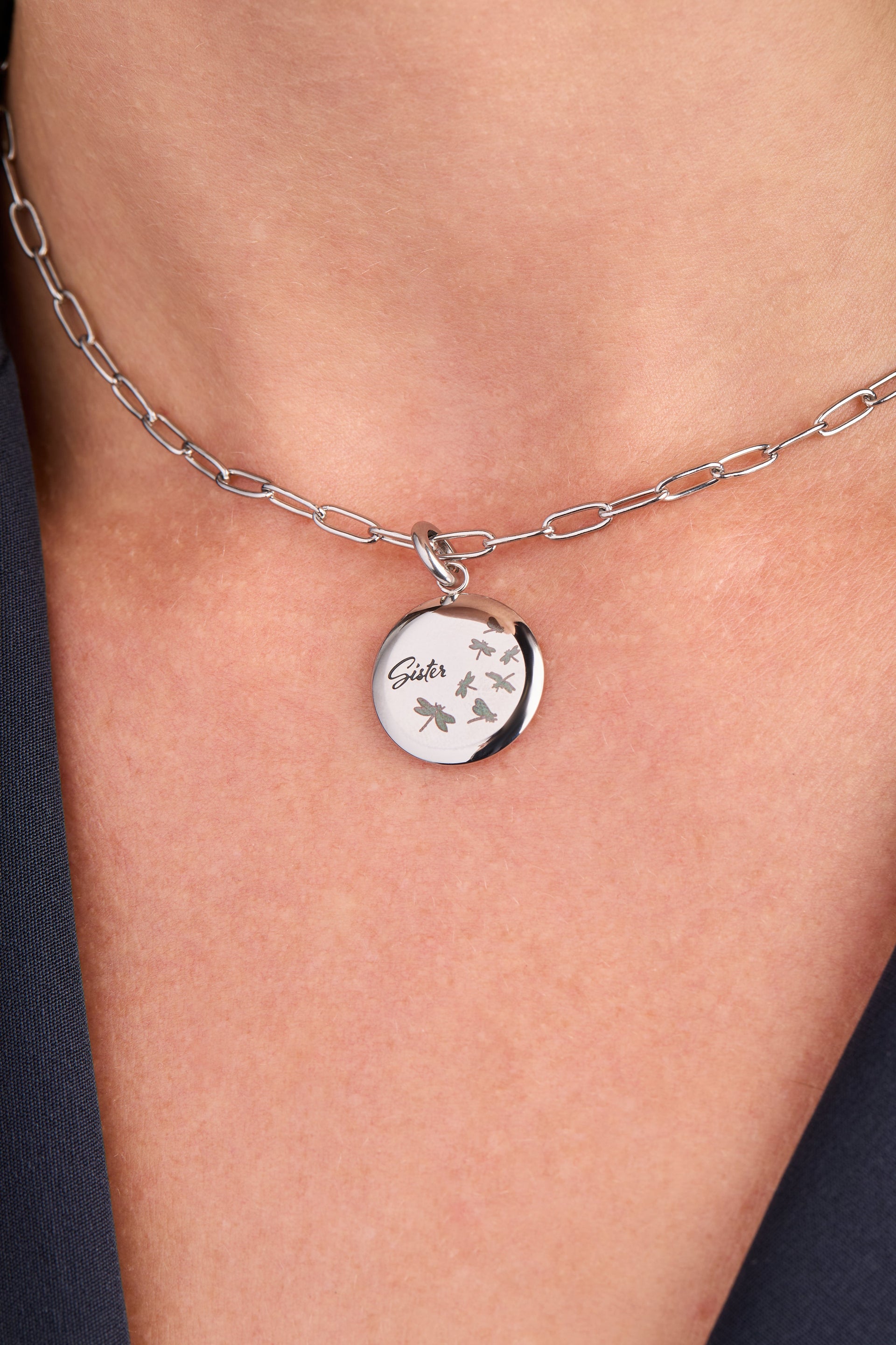 Sister Dragonfly Disc Charm Necklace with Inspiring Message
