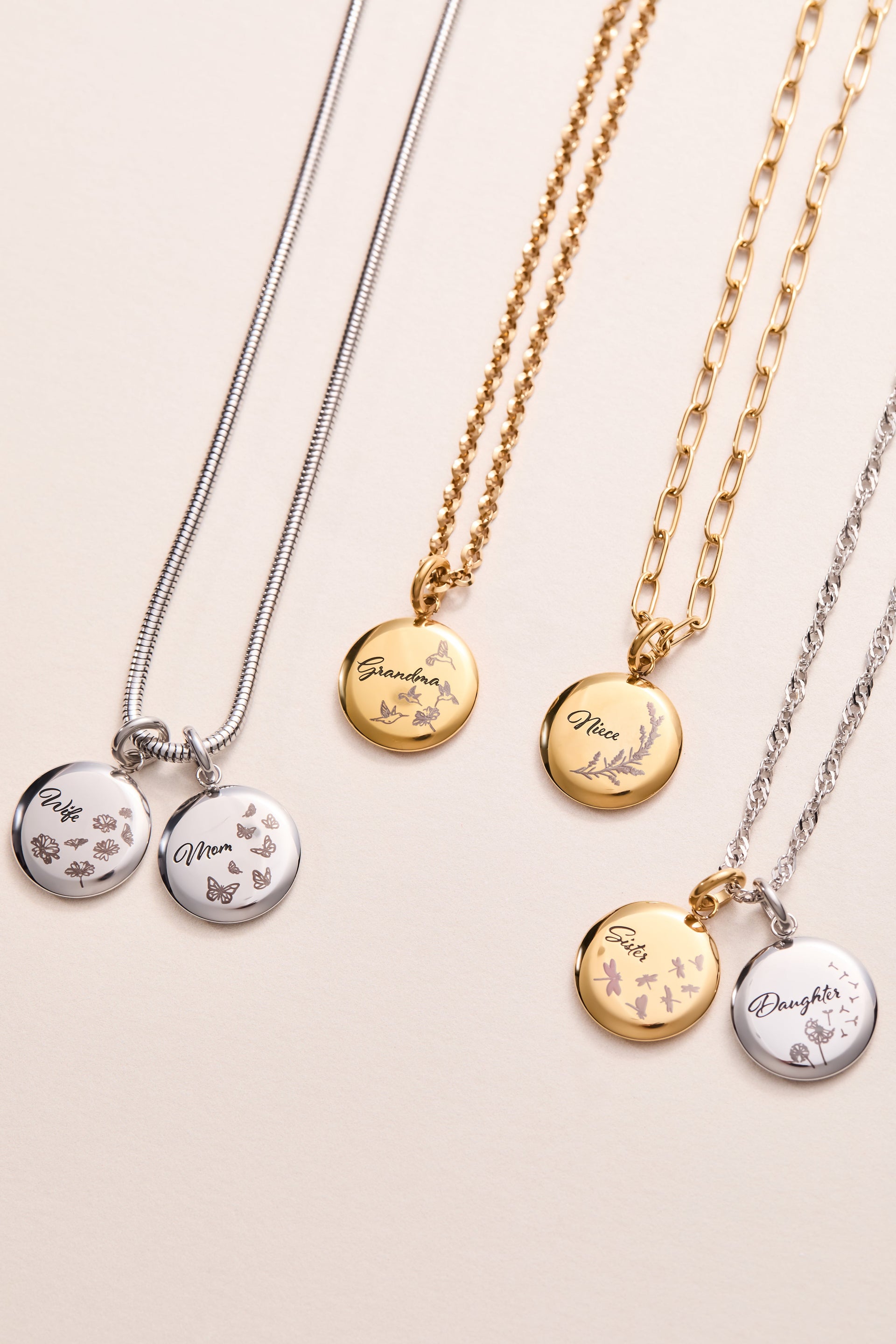 Mom Butterfly Disc Charm Necklace with Engraved Sentiment