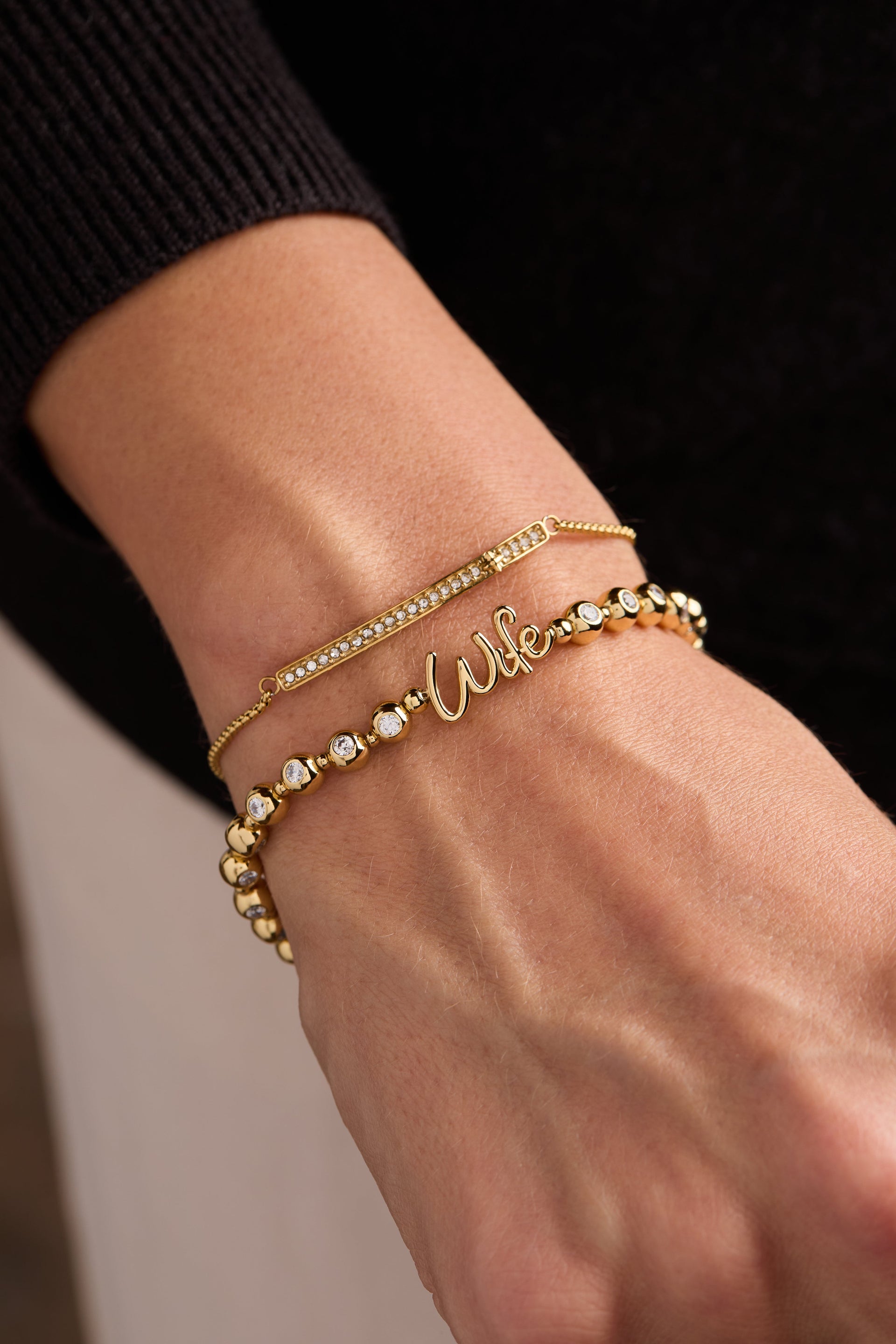 Wife Elongated Crystal Stretch Bracelet in Script