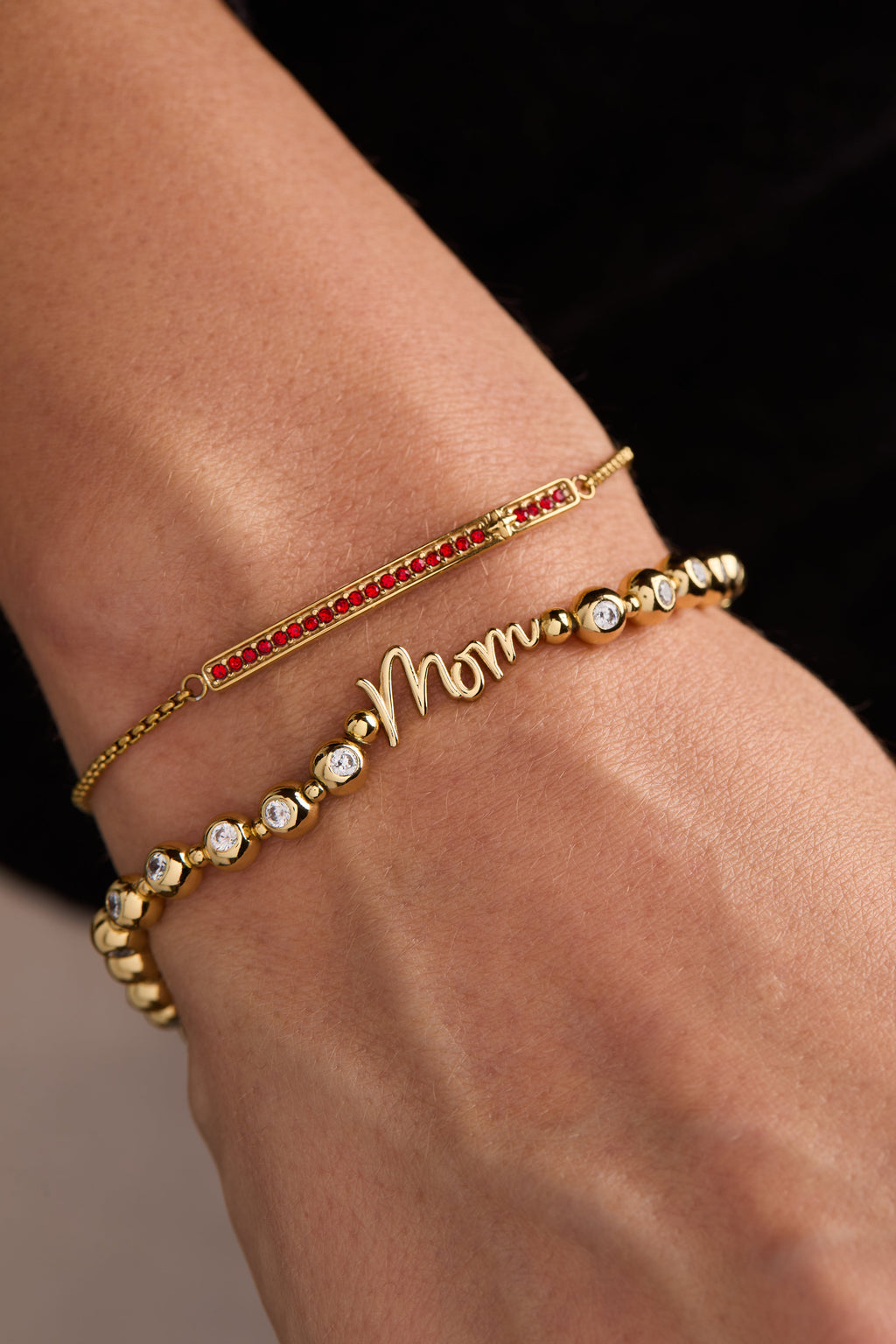 Mom Elongated Crystal Stretch Bracelet in Script