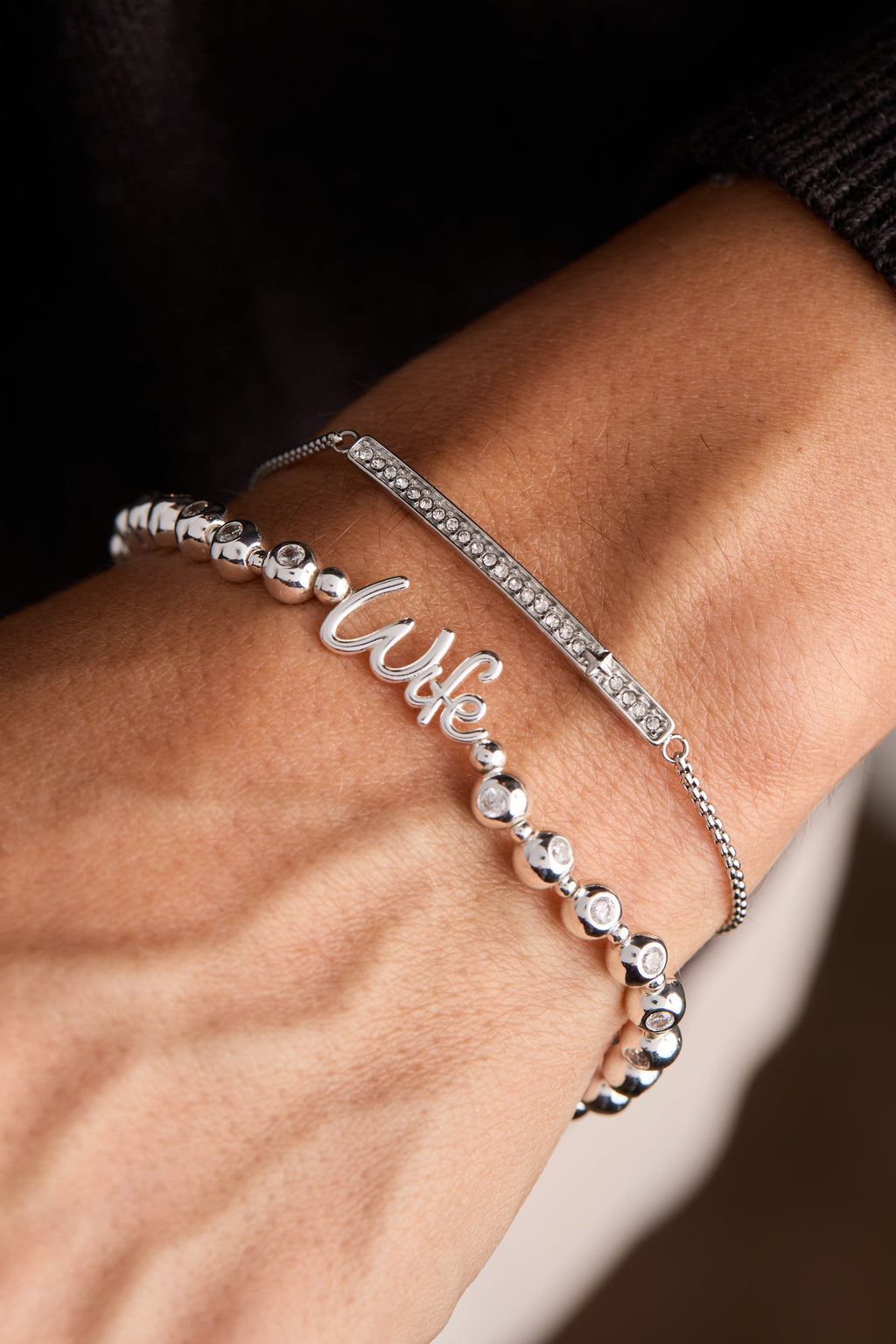 Wife Elongated Crystal Stretch Bracelet in Script